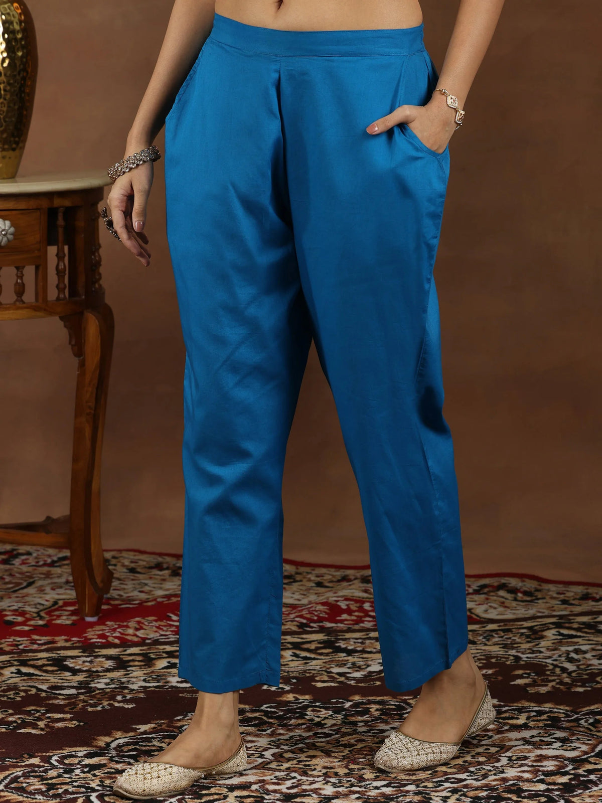 Anouk Blue Yoke Design Chanderi Silk Straight Suit With Dupatta
