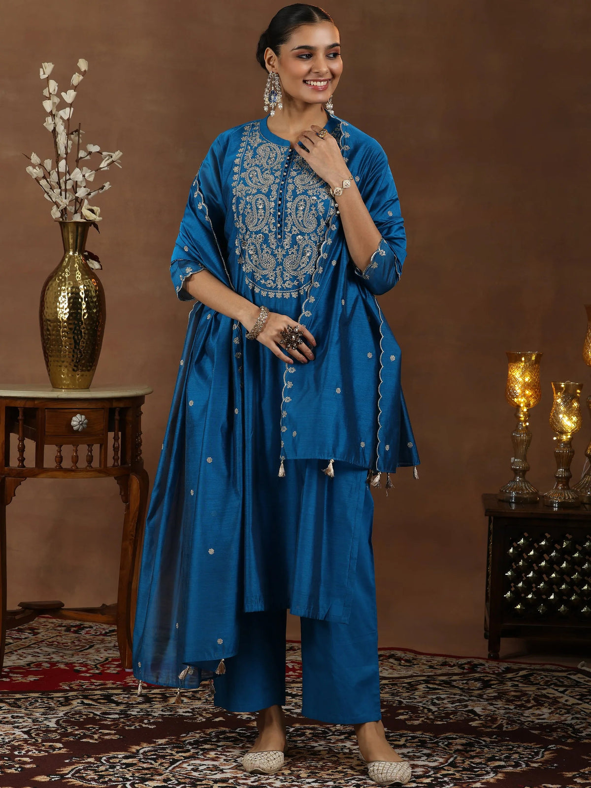 Anouk Blue Yoke Design Chanderi Silk Straight Suit With Dupatta