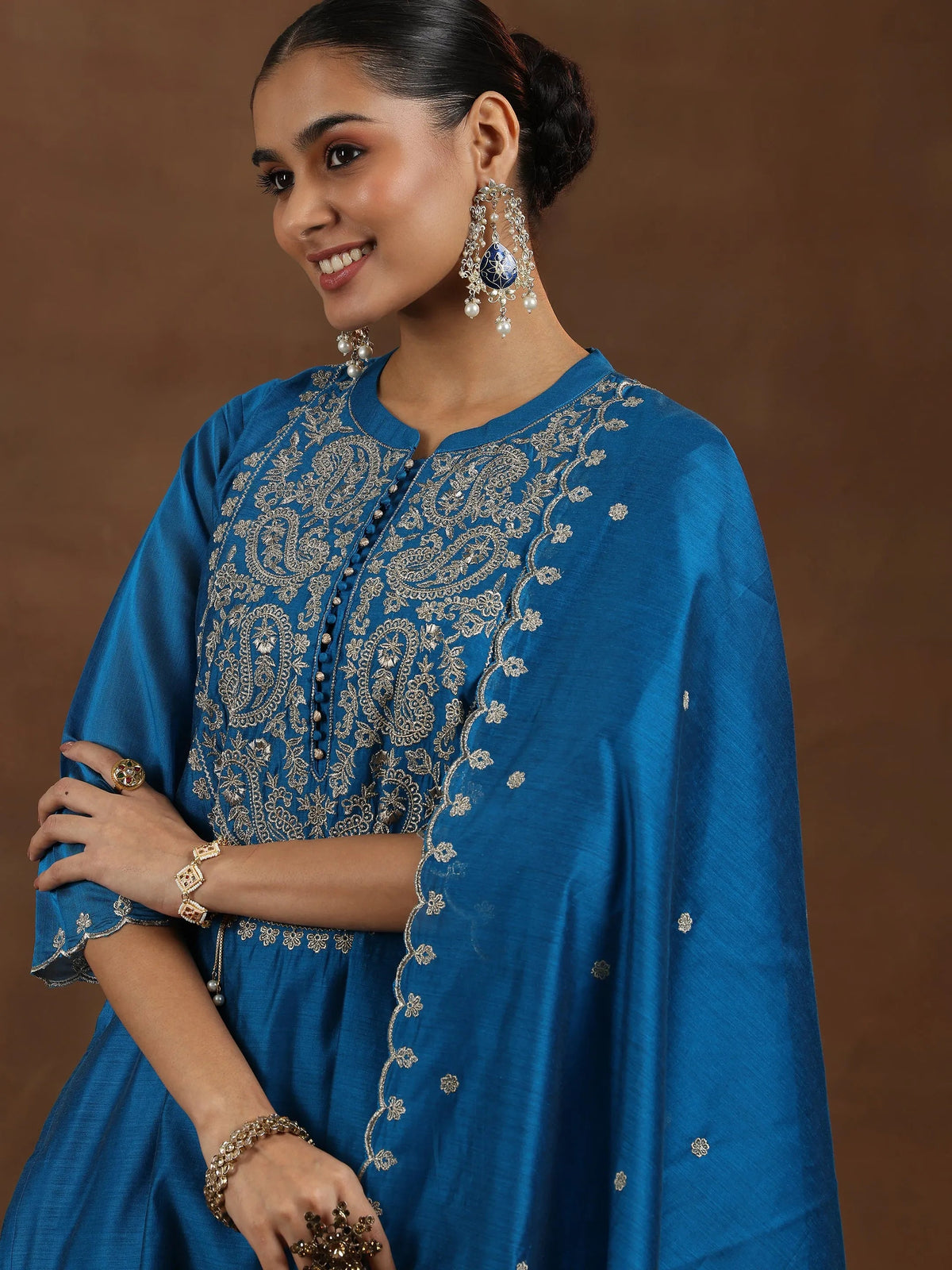 Anouk Blue Yoke Design Chanderi Silk Straight Suit With Dupatta