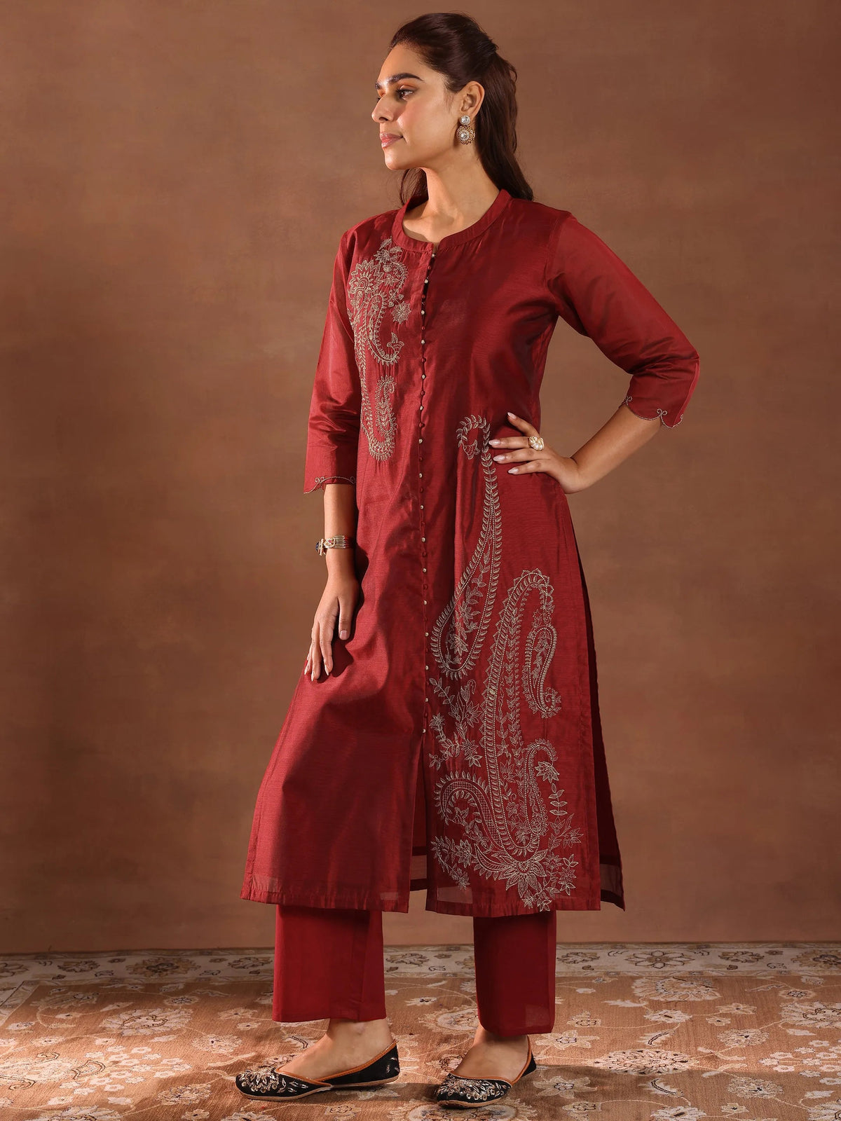 Anouk Maroon Embroidered Chanderi Silk Straight Suit With Dupatta