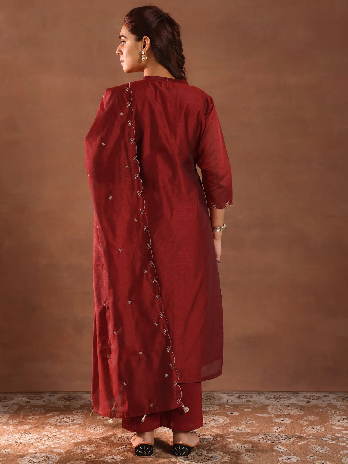 Anouk Maroon Embroidered Chanderi Silk Straight Suit With Dupatta
