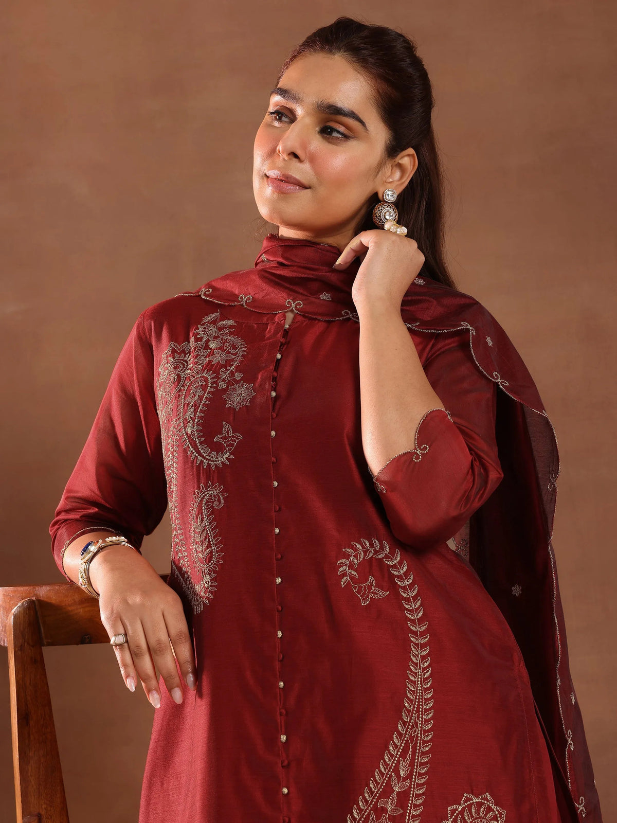 Anouk Maroon Embroidered Chanderi Silk Straight Suit With Dupatta