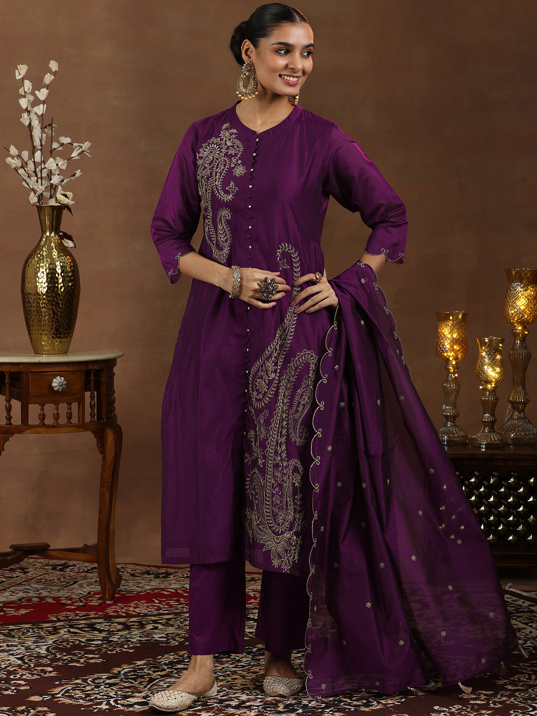 Anouk Wine Embroidered Chanderi Silk Straight Suit With Dupatta