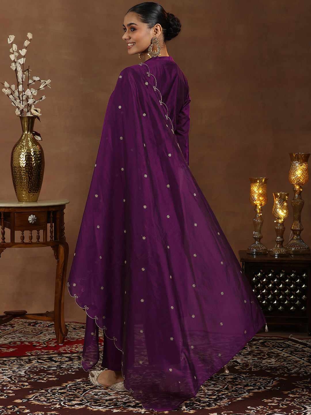 Anouk Wine Embroidered Chanderi Silk Straight Suit With Dupatta