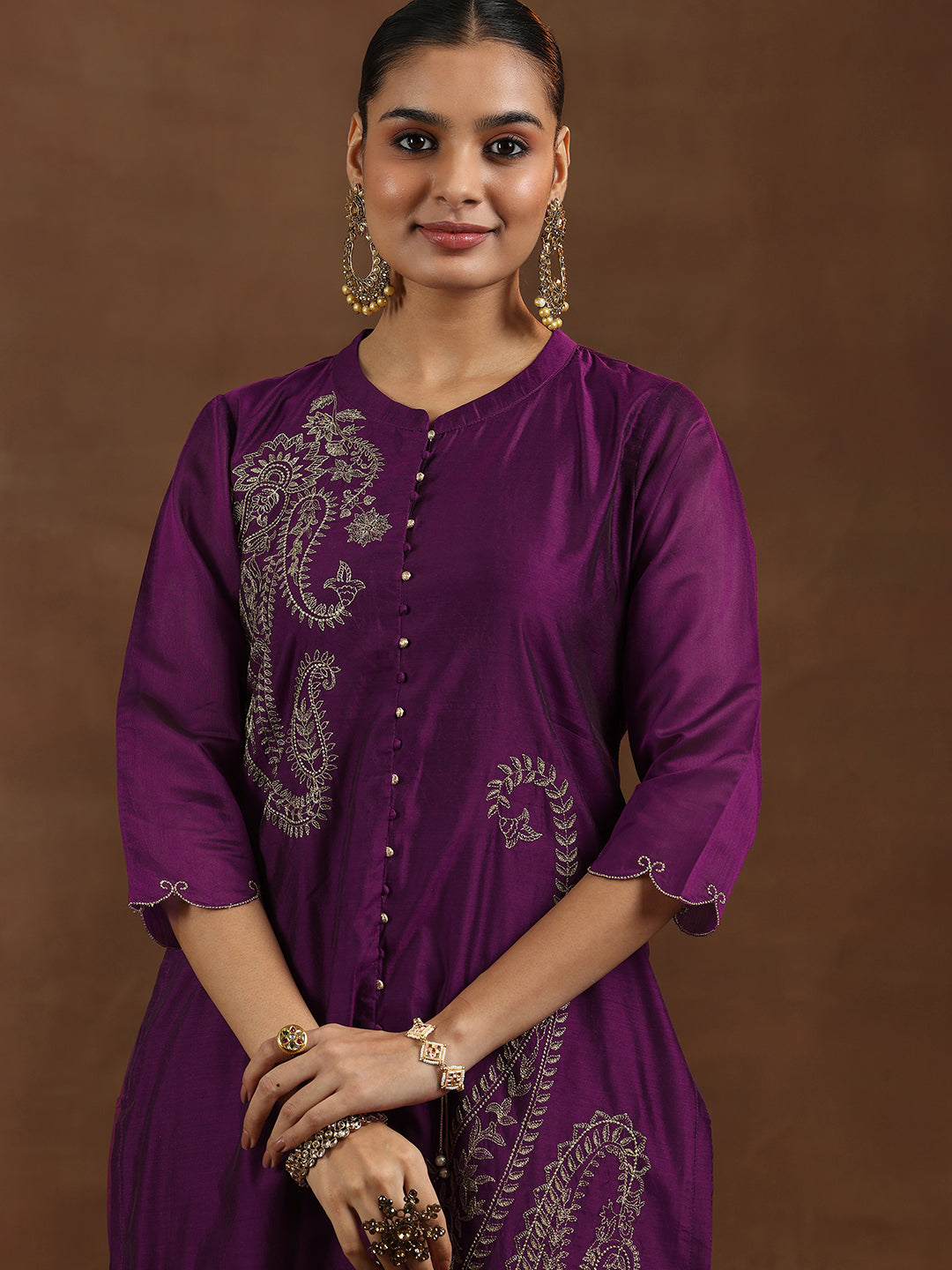 Anouk Wine Embroidered Chanderi Silk Straight Suit With Dupatta