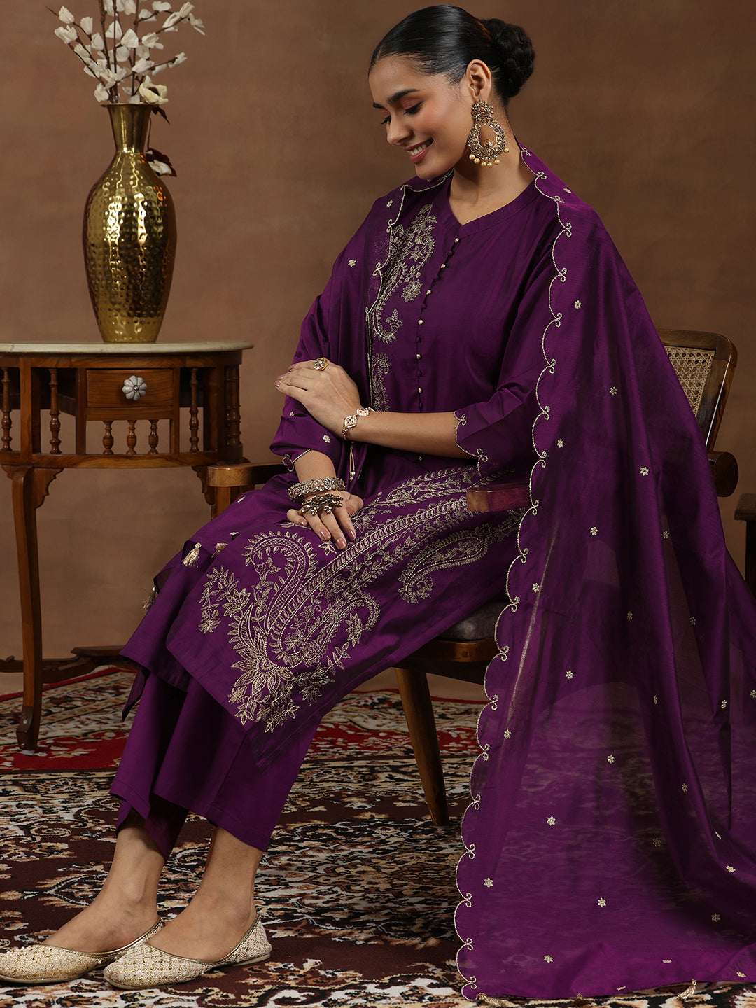 Anouk Wine Embroidered Chanderi Silk Straight Suit With Dupatta