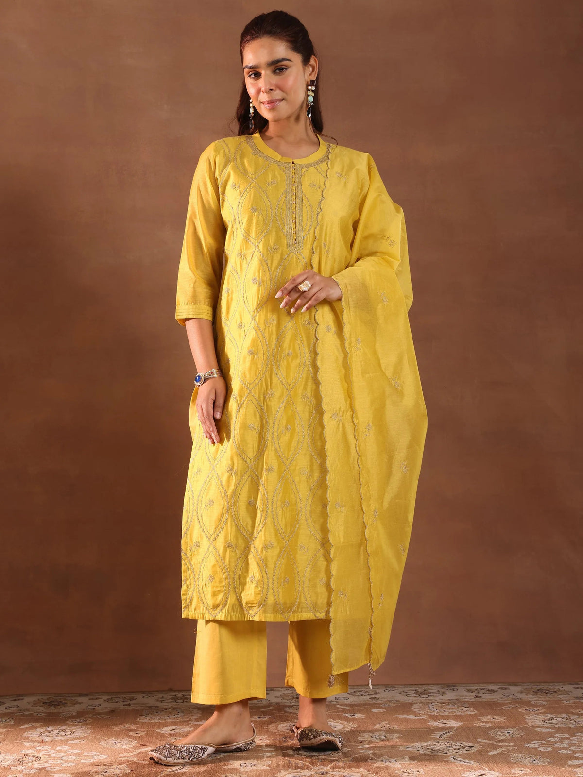 Anouk Mustard Embroidered Chanderi Silk Straight Suit With Dupatta
