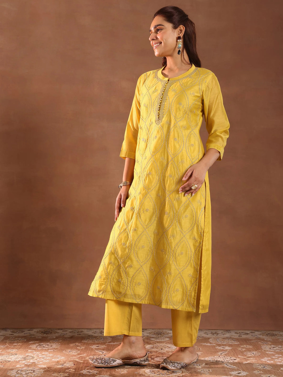 Anouk Mustard Embroidered Chanderi Silk Straight Suit With Dupatta