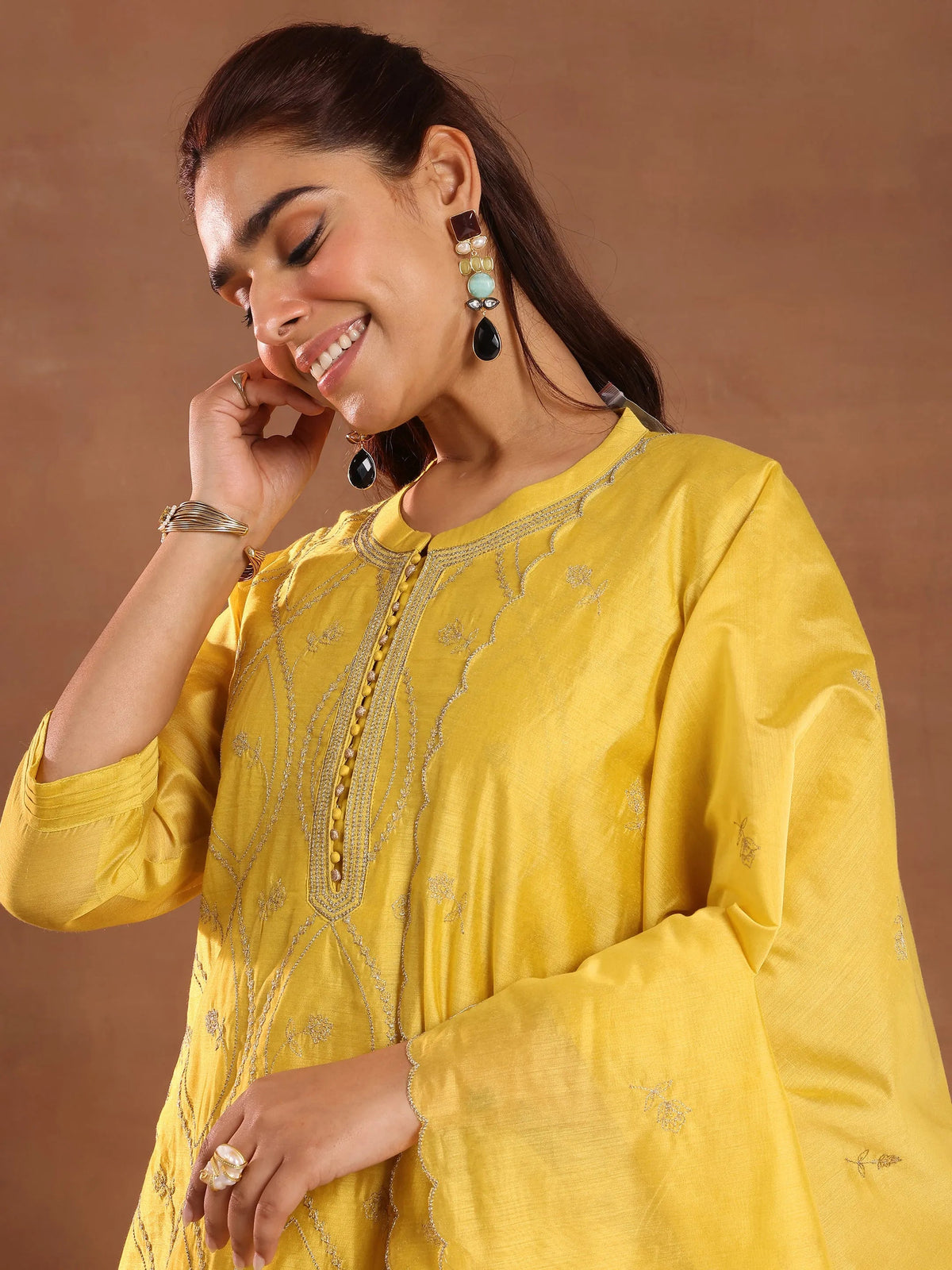 Anouk Mustard Embroidered Chanderi Silk Straight Suit With Dupatta