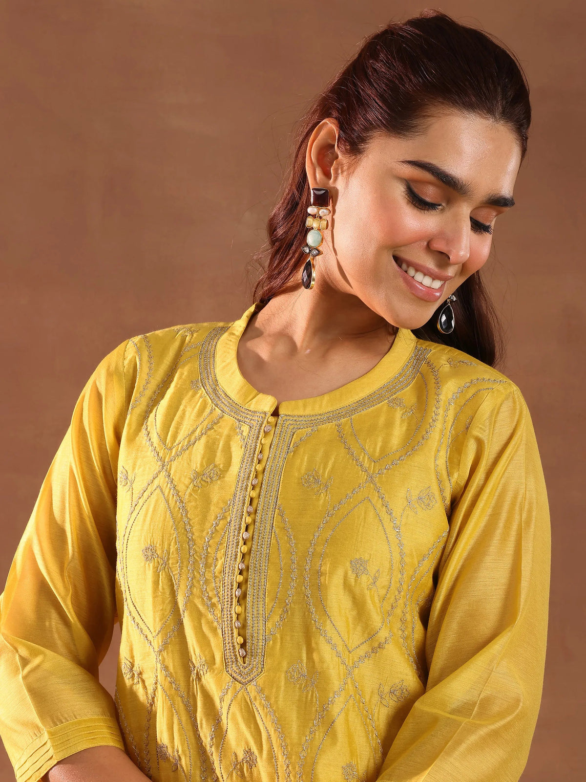 Anouk Mustard Embroidered Chanderi Silk Straight Suit With Dupatta