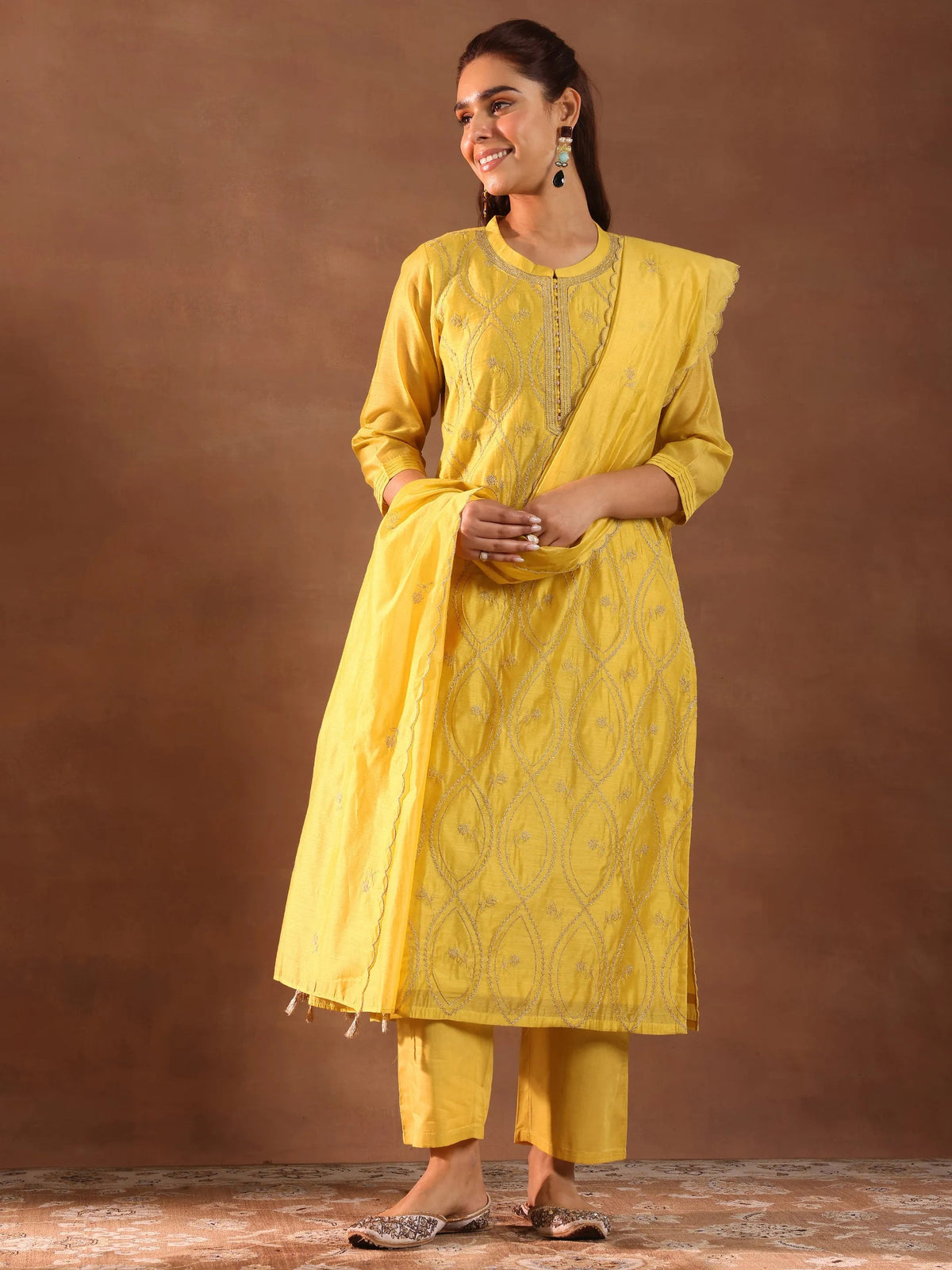 Anouk Mustard Embroidered Chanderi Silk Straight Suit With Dupatta