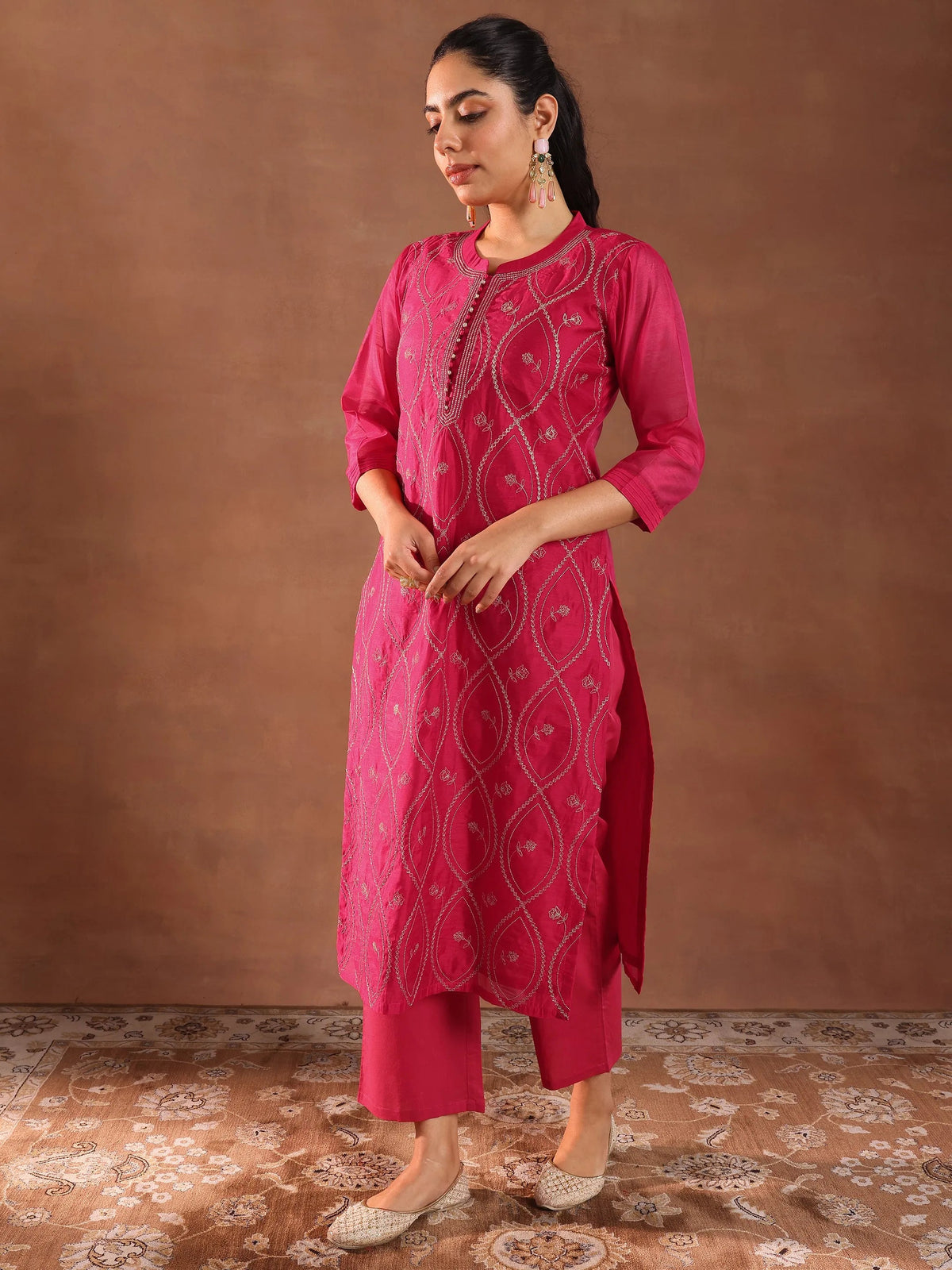 Anouk Pink Embroidered Chanderi Silk Straight Suit With Dupatta