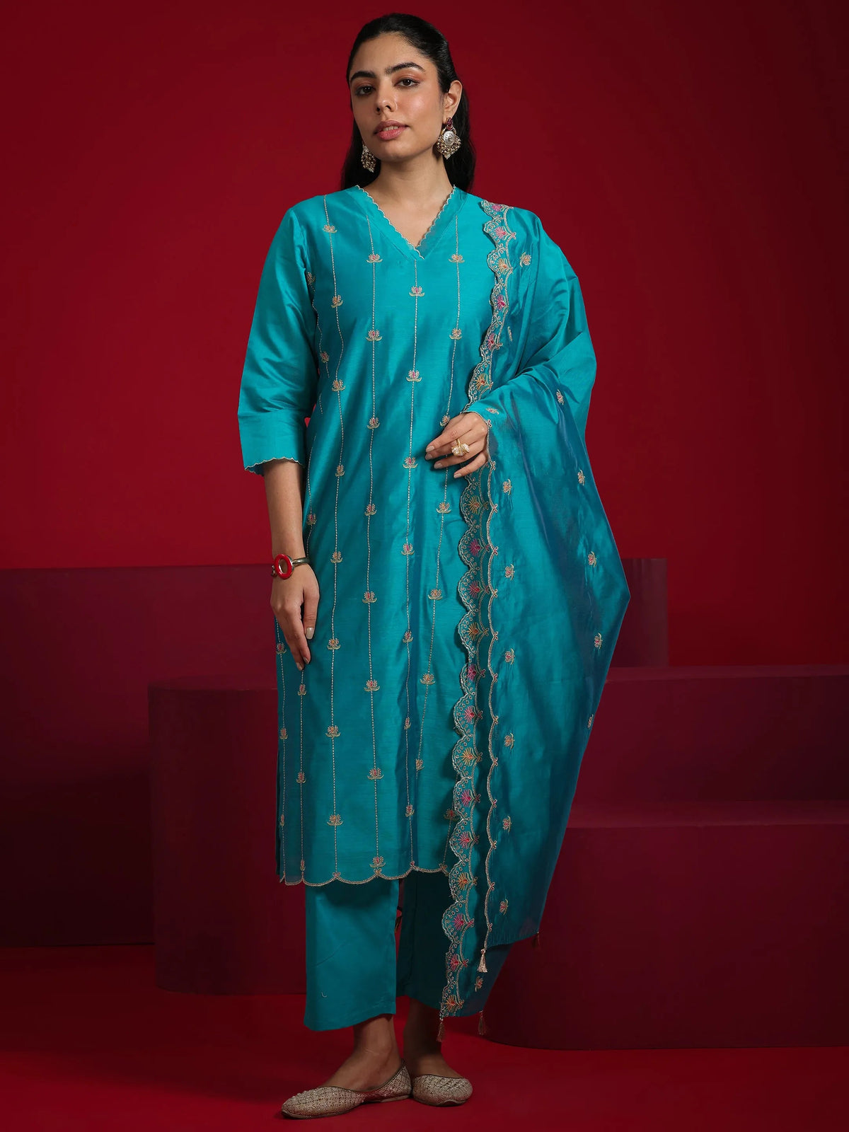 Anouk Teal Embroidered Chanderi Silk Straight Suit With Dupatta