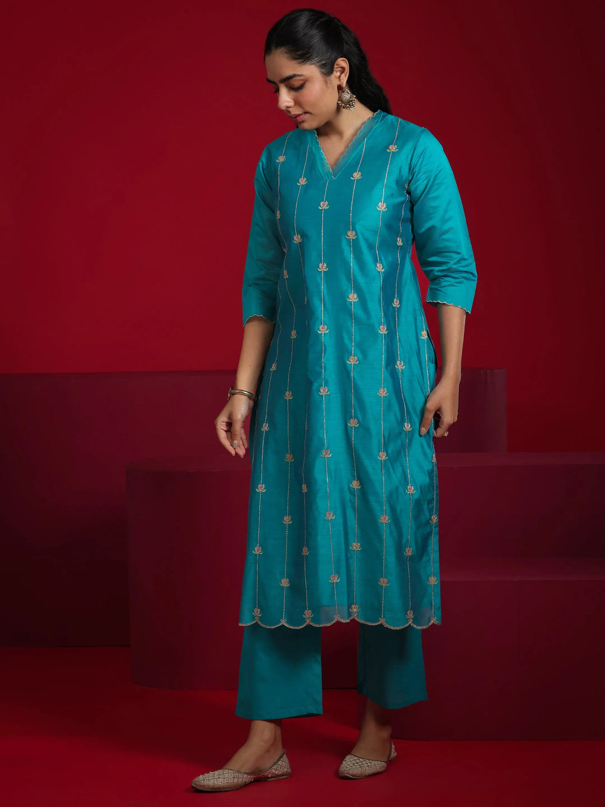 Anouk Teal Embroidered Chanderi Silk Straight Suit With Dupatta