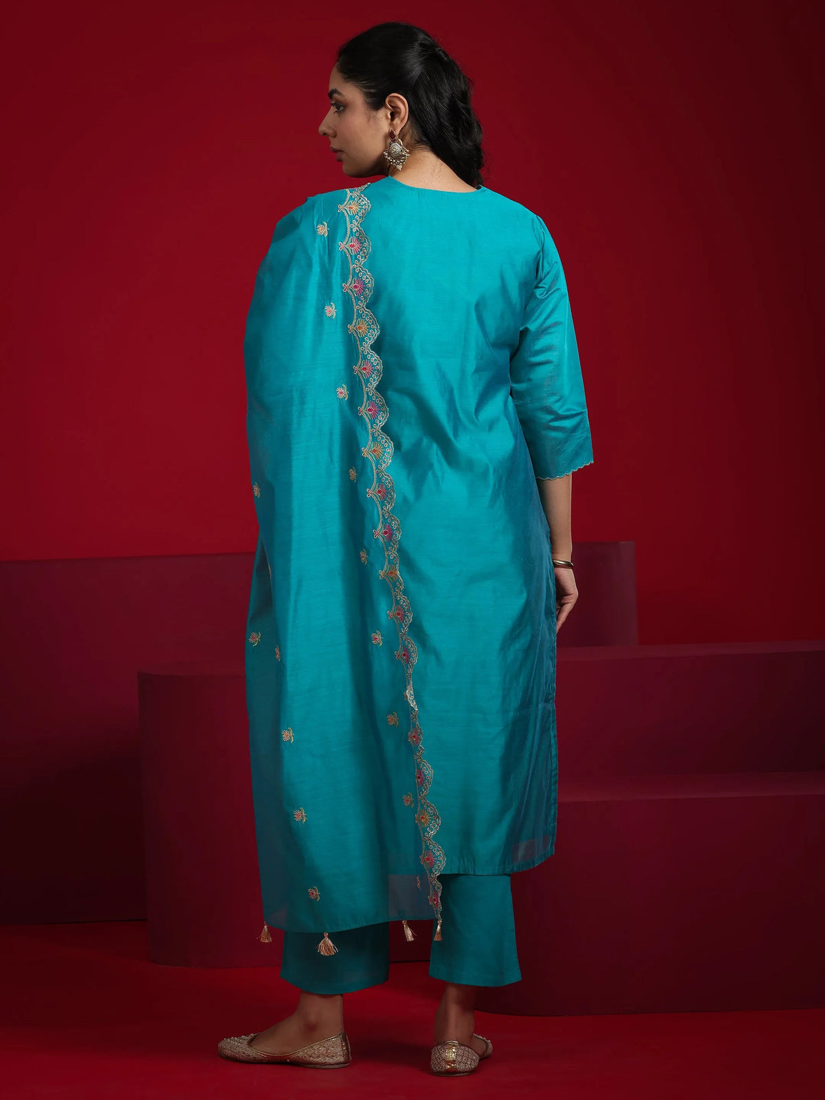 Anouk Teal Embroidered Chanderi Silk Straight Suit With Dupatta