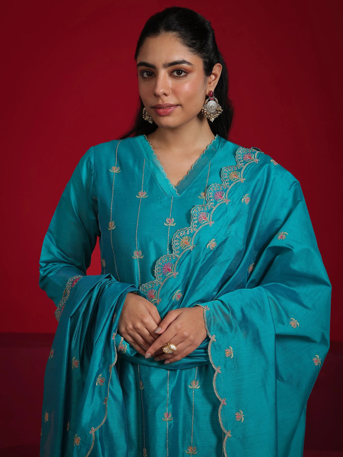 Anouk Teal Embroidered Chanderi Silk Straight Suit With Dupatta