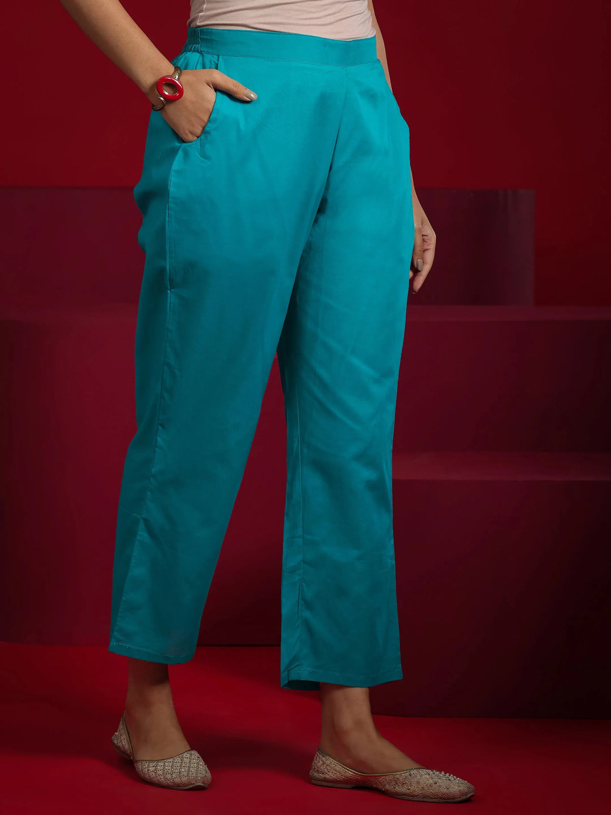 Anouk Teal Embroidered Chanderi Silk Straight Suit With Dupatta