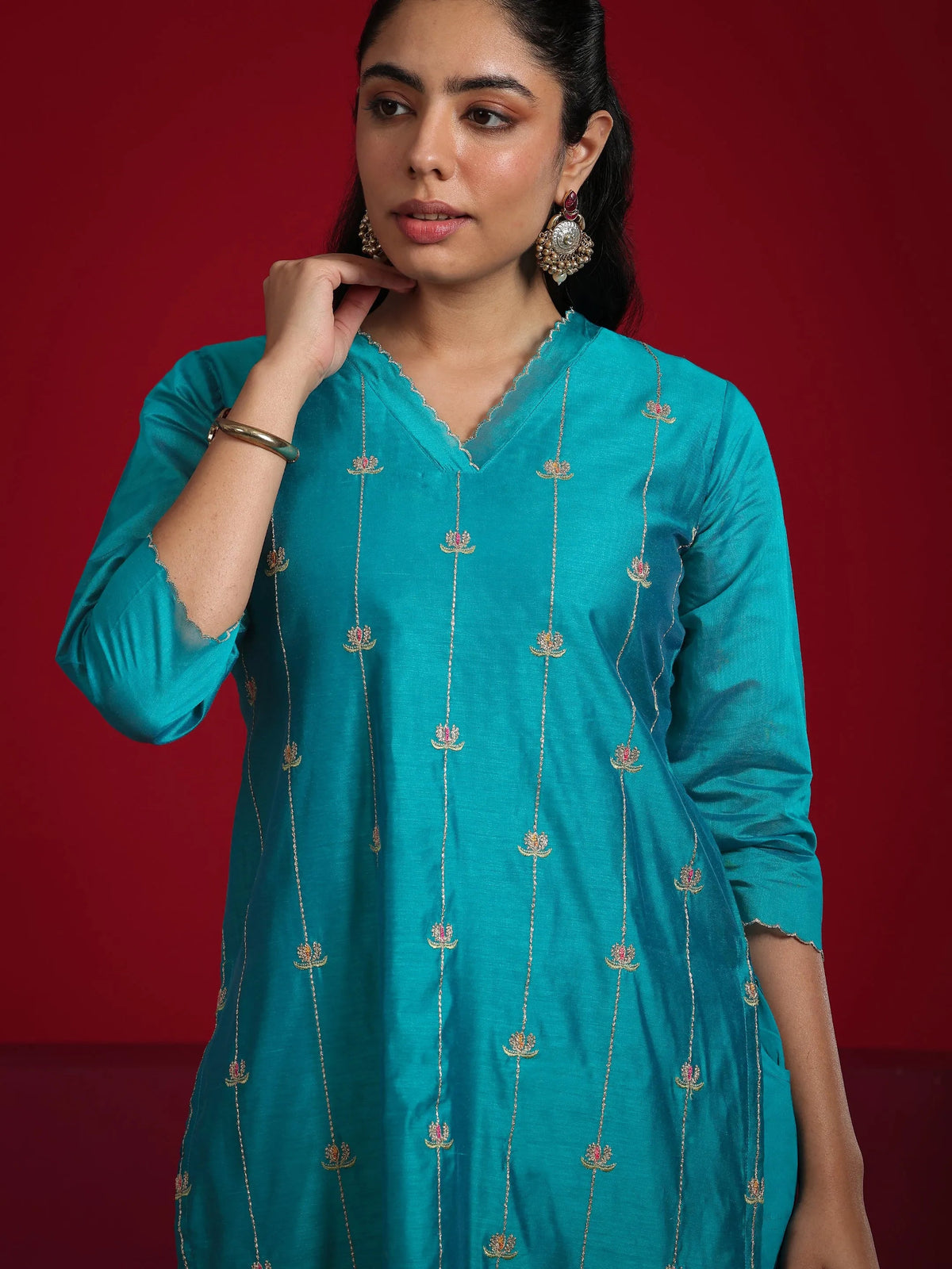 Anouk Teal Embroidered Chanderi Silk Straight Suit With Dupatta