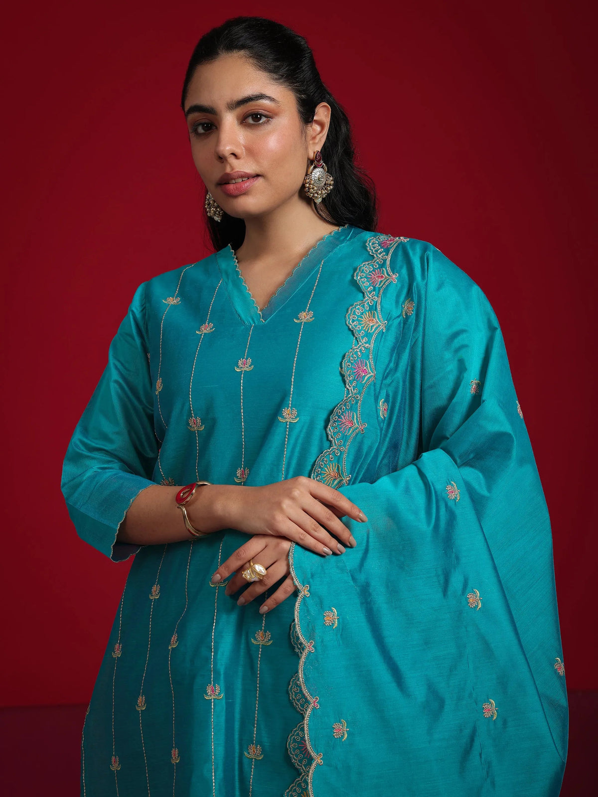 Anouk Teal Embroidered Chanderi Silk Straight Suit With Dupatta