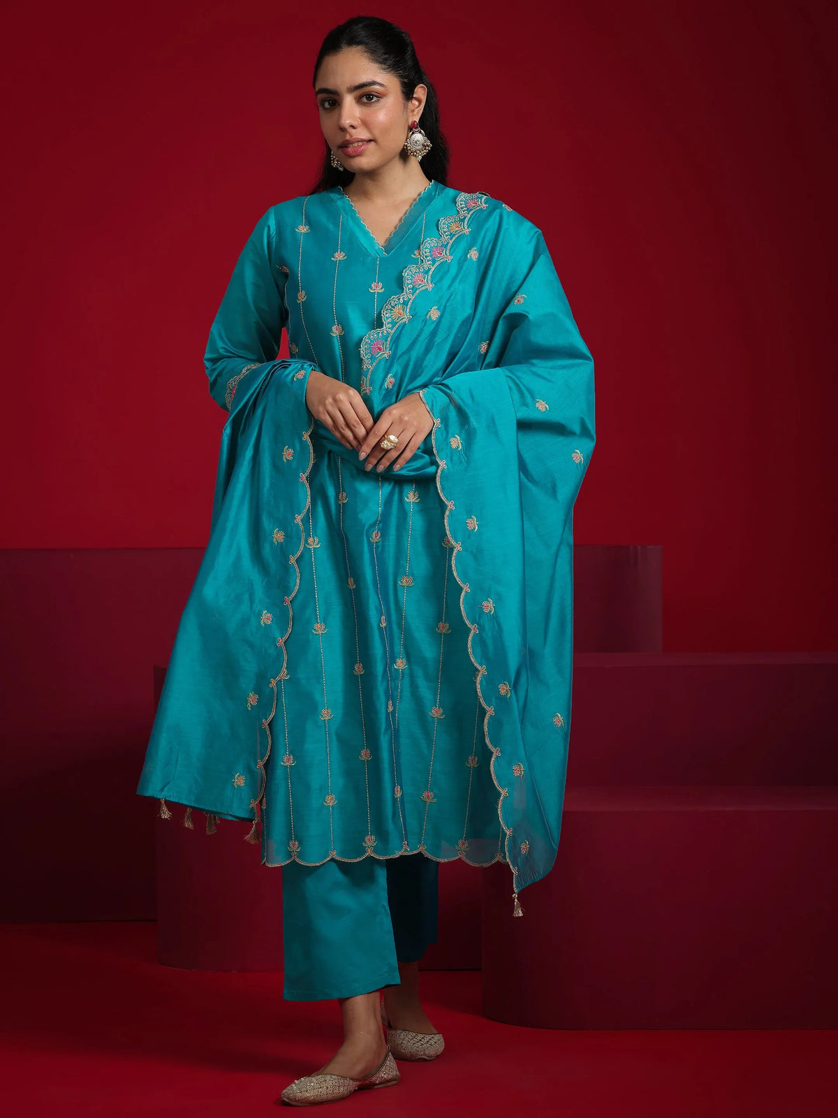 Anouk Teal Embroidered Chanderi Silk Straight Suit With Dupatta