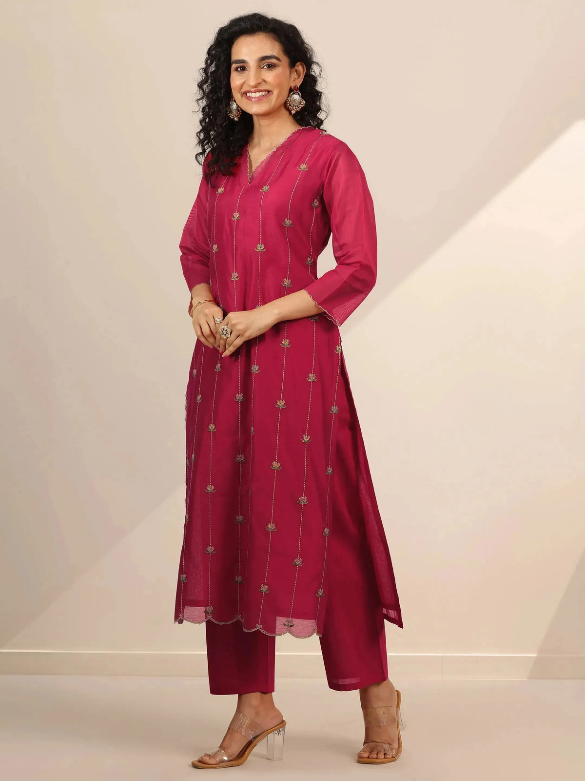 Anouk Red Embroidered Chanderi Silk Straight Suit Set With Dupatta