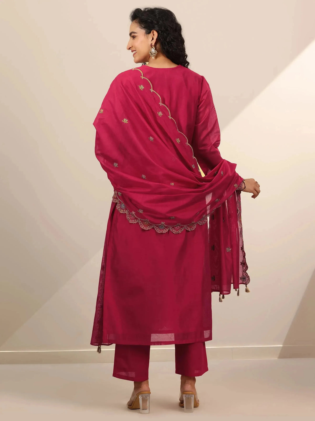 Anouk Red Embroidered Chanderi Silk Straight Suit Set With Dupatta