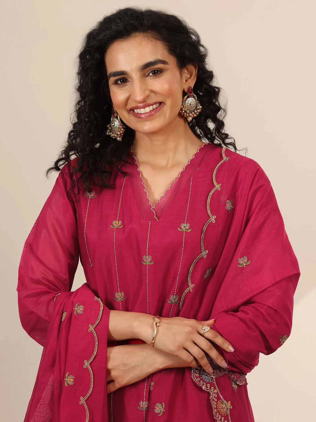 Anouk Red Embroidered Chanderi Silk Straight Suit Set With Dupatta