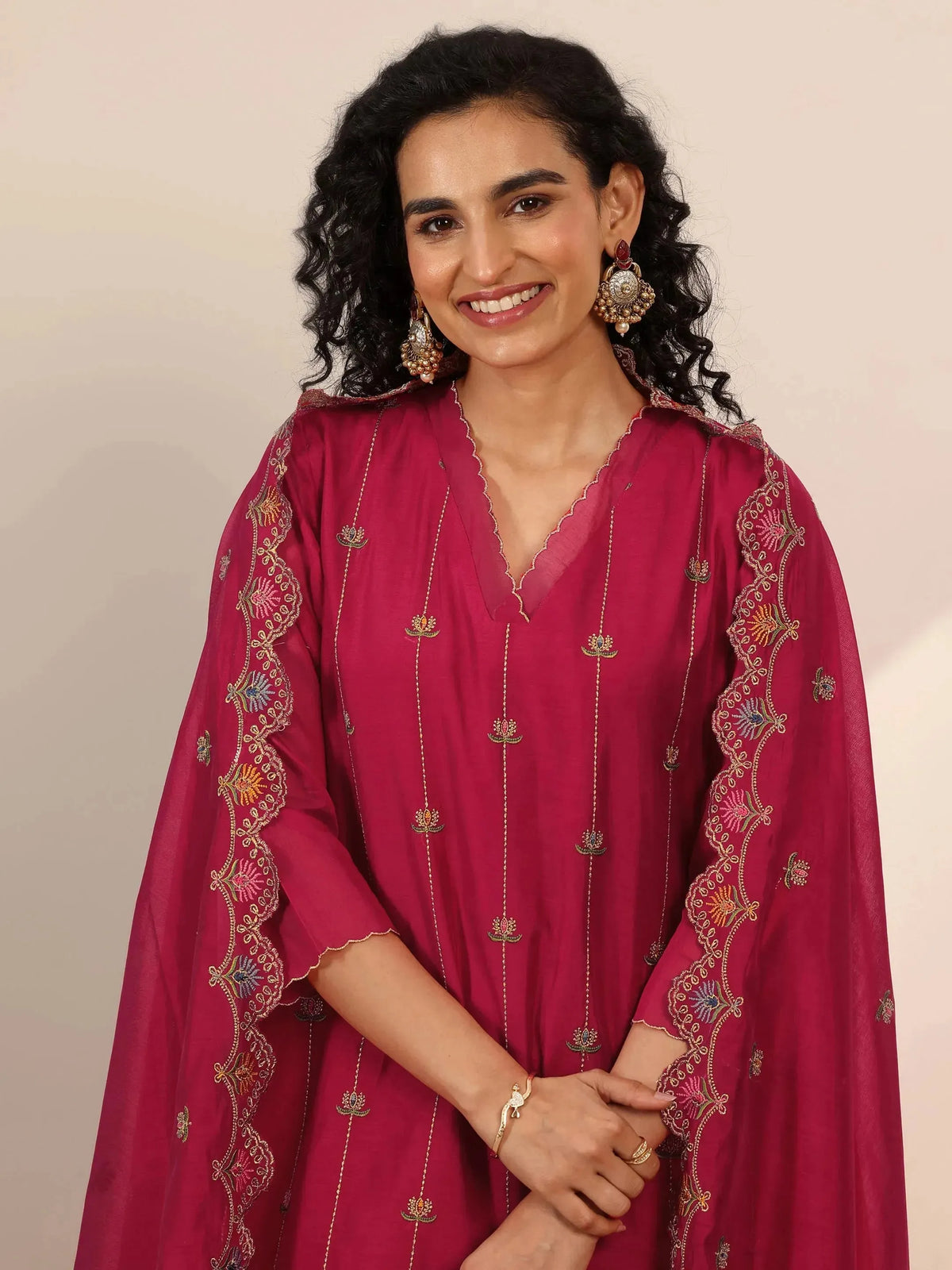 Anouk Red Embroidered Chanderi Silk Straight Suit Set With Dupatta