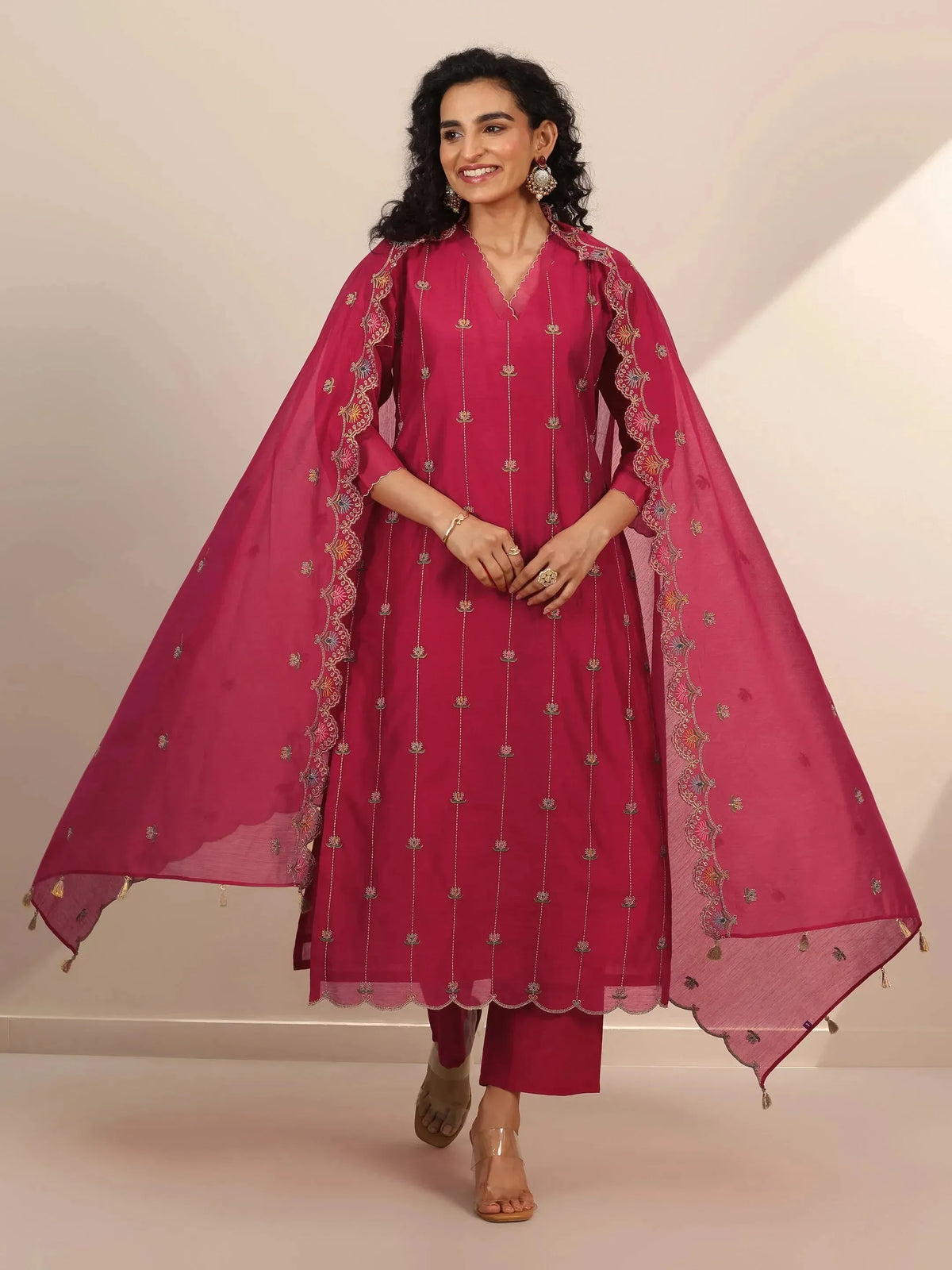 Anouk Red Embroidered Chanderi Silk Straight Suit Set With Dupatta