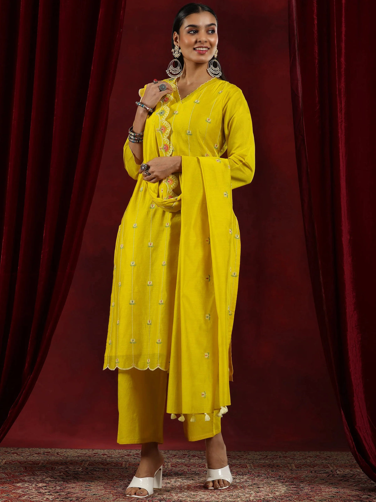 Anouk Mustard Embroidered Chanderi Silk Straight Suit With Dupatta