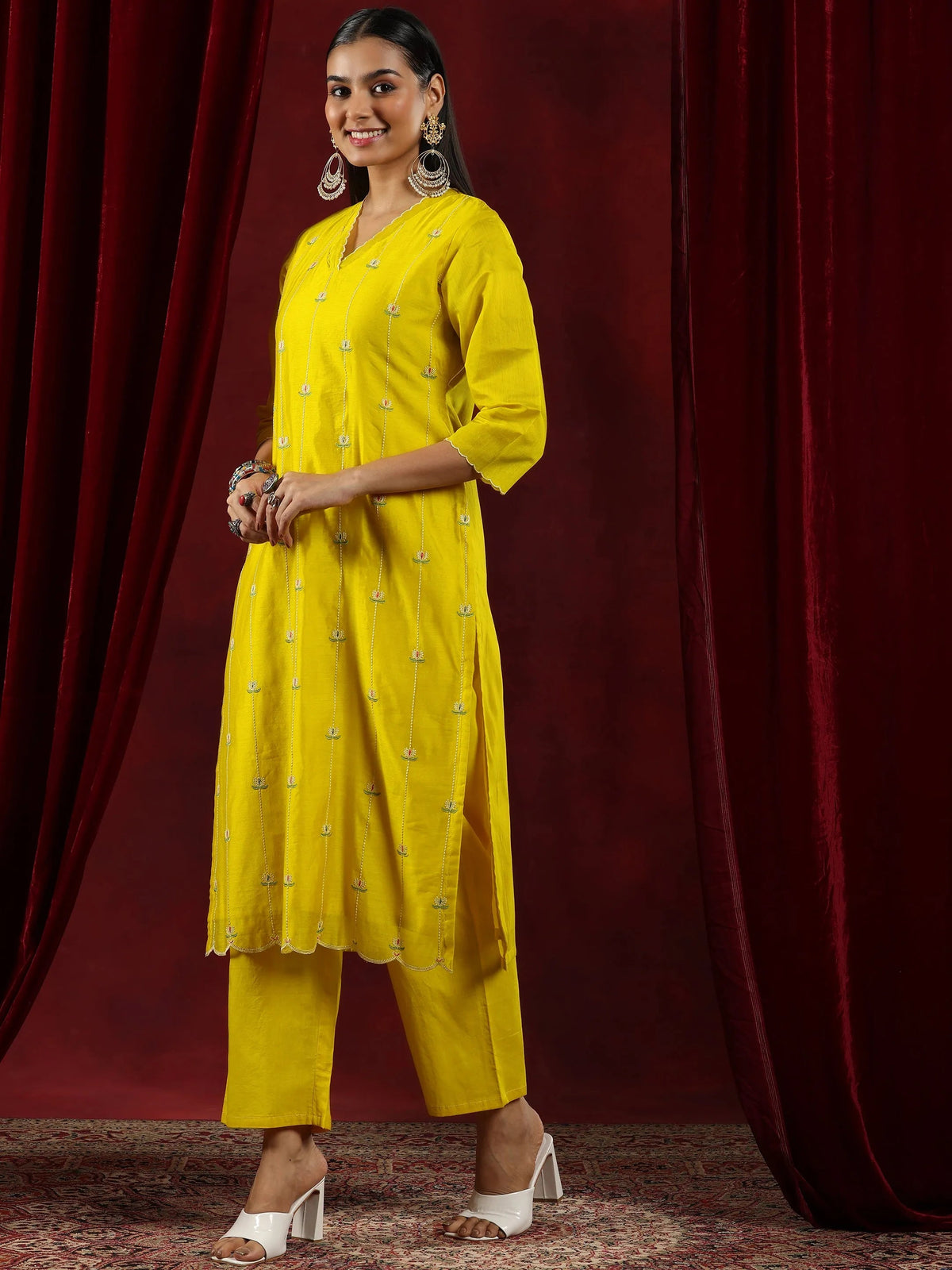 Anouk Mustard Embroidered Chanderi Silk Straight Suit With Dupatta