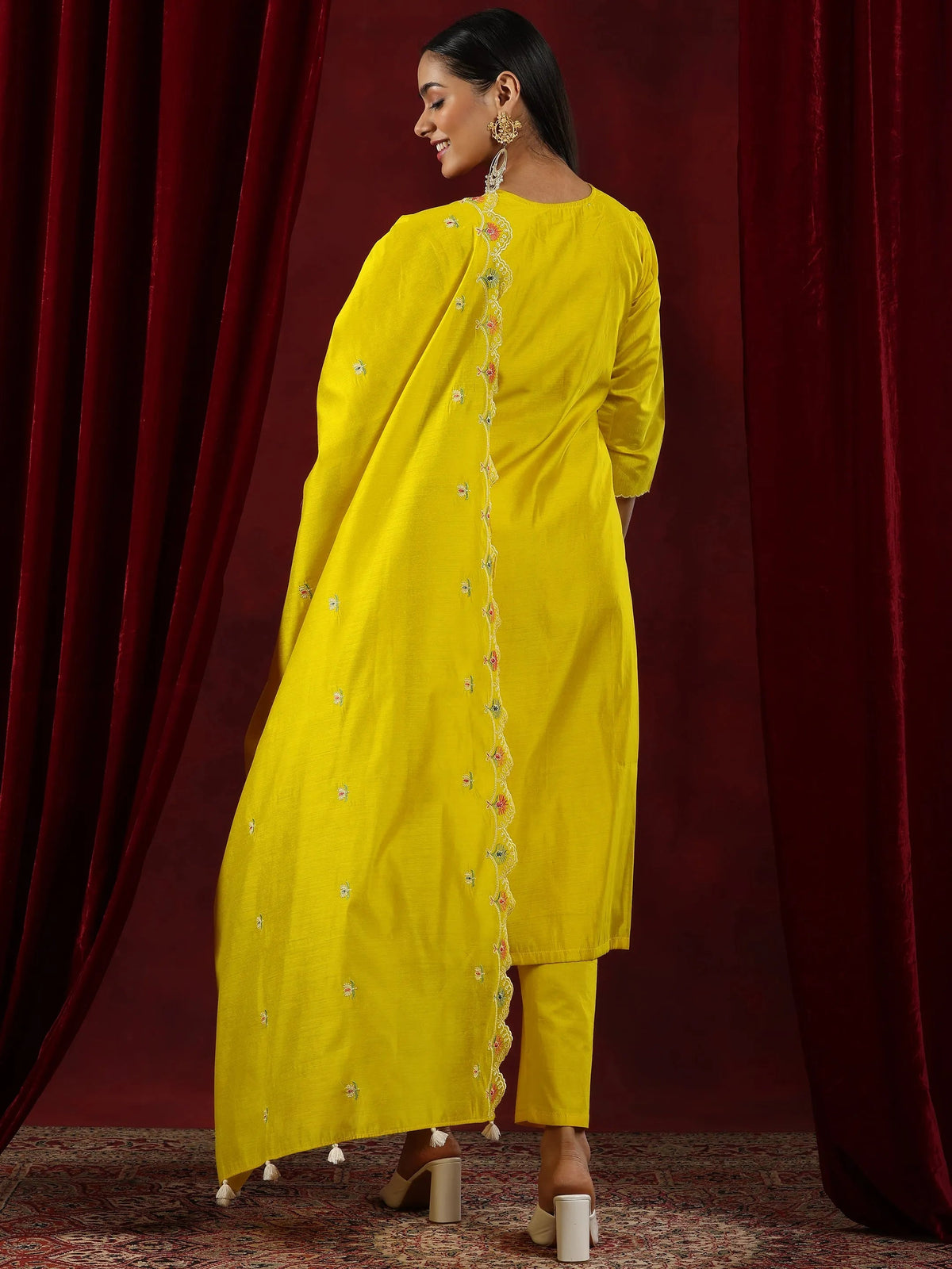 Anouk Mustard Embroidered Chanderi Silk Straight Suit With Dupatta