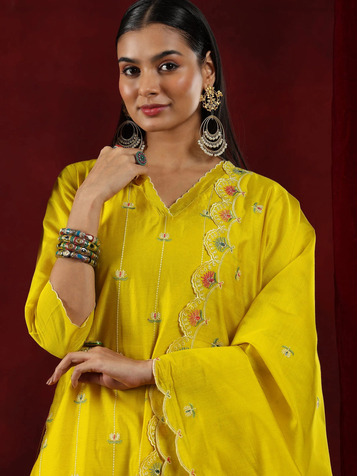 Anouk Mustard Embroidered Chanderi Silk Straight Suit With Dupatta