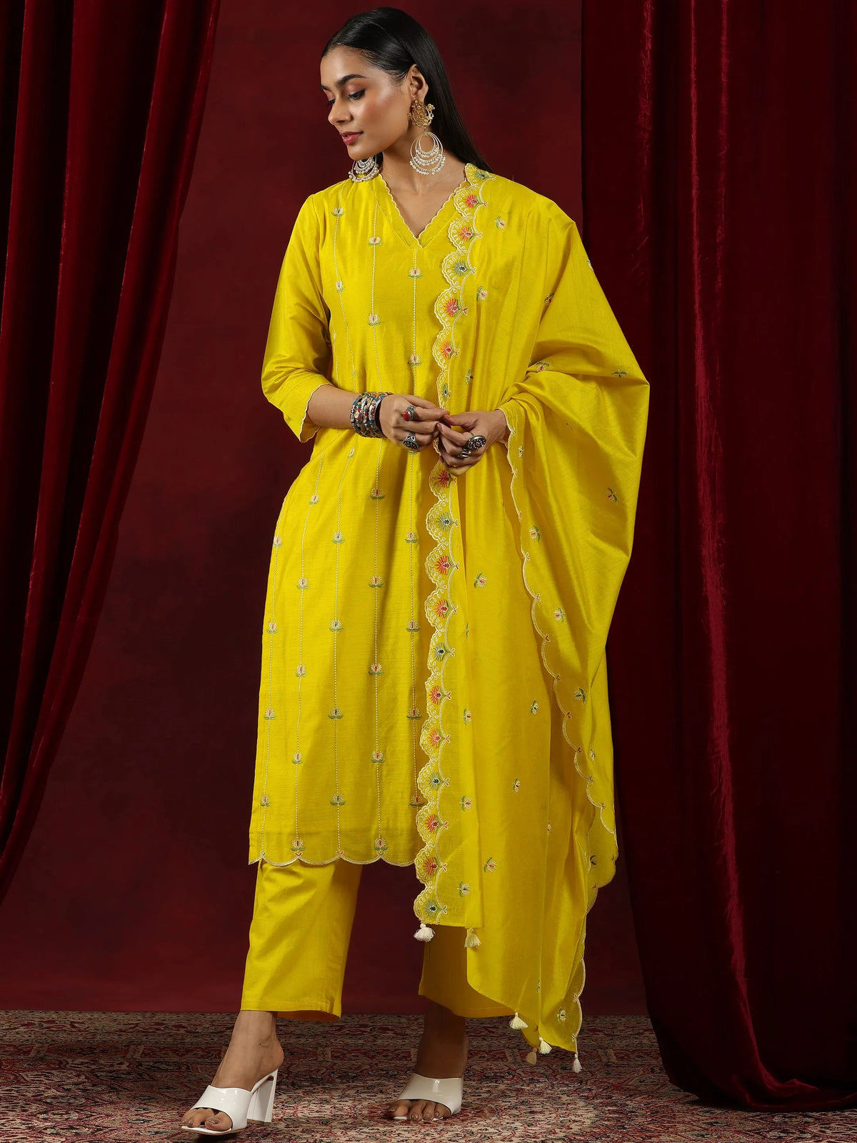 Anouk Mustard Embroidered Chanderi Silk Straight Suit With Dupatta