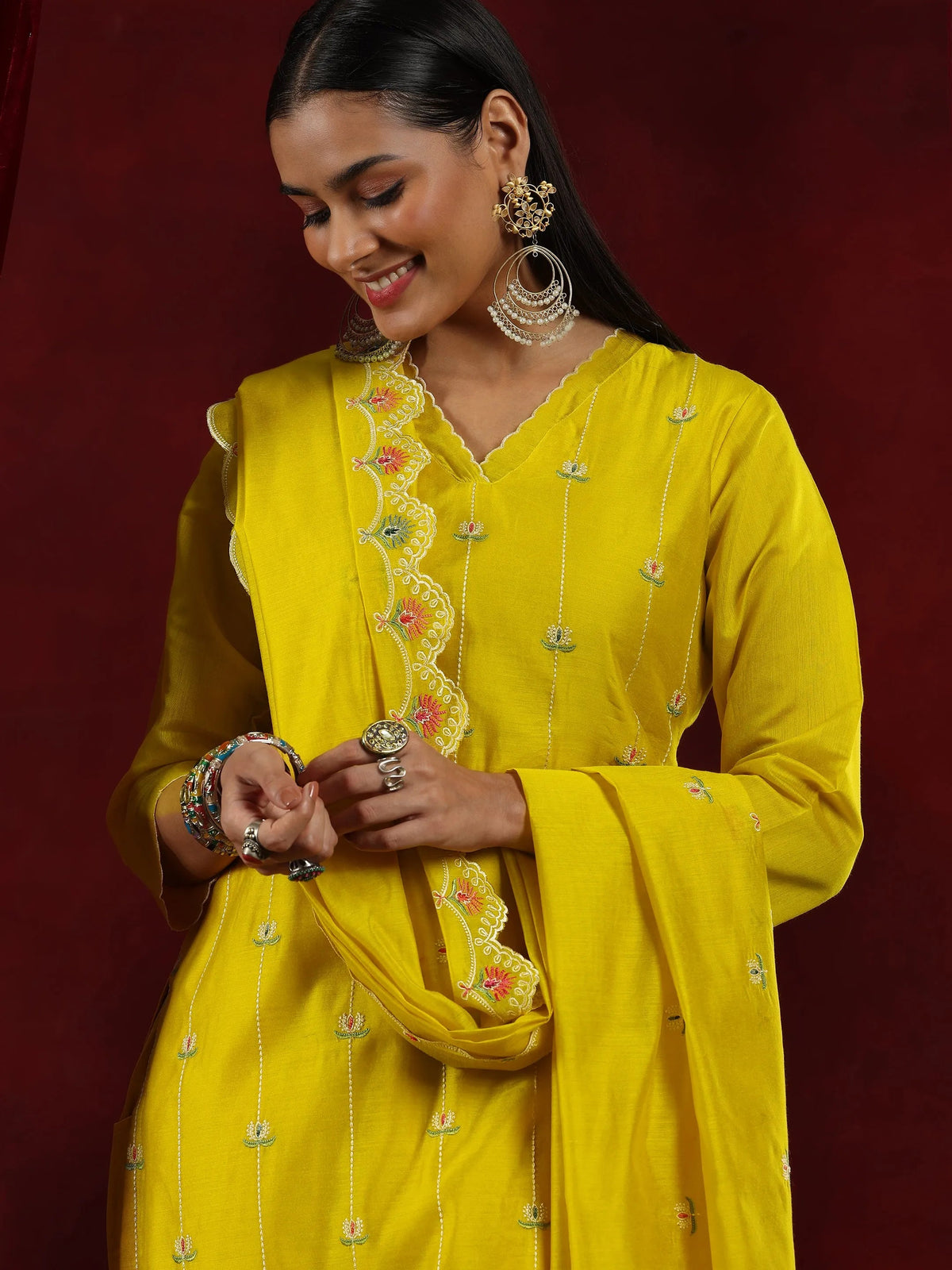 Anouk Mustard Embroidered Chanderi Silk Straight Suit With Dupatta