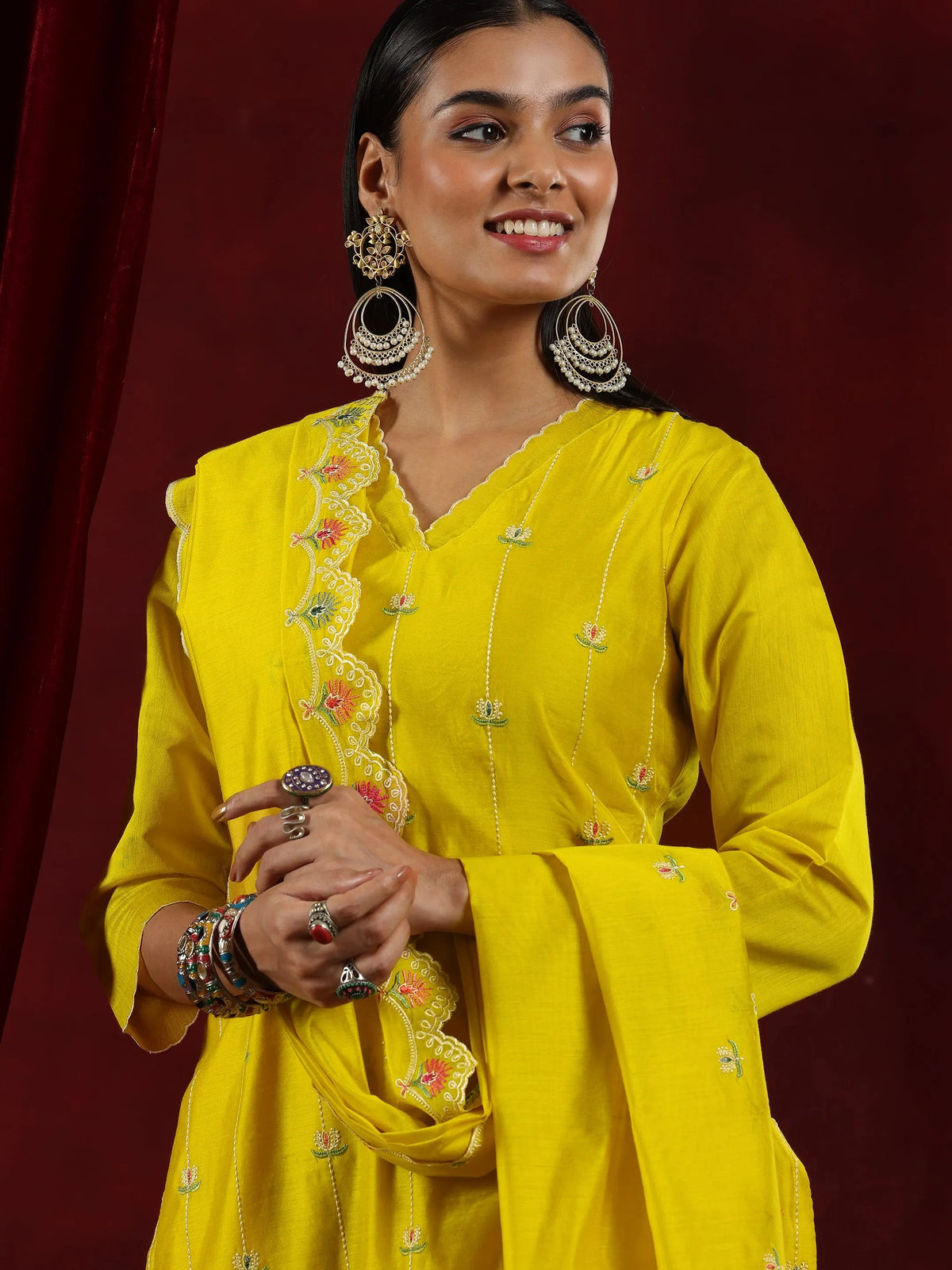 Anouk Mustard Embroidered Chanderi Silk Straight Suit With Dupatta