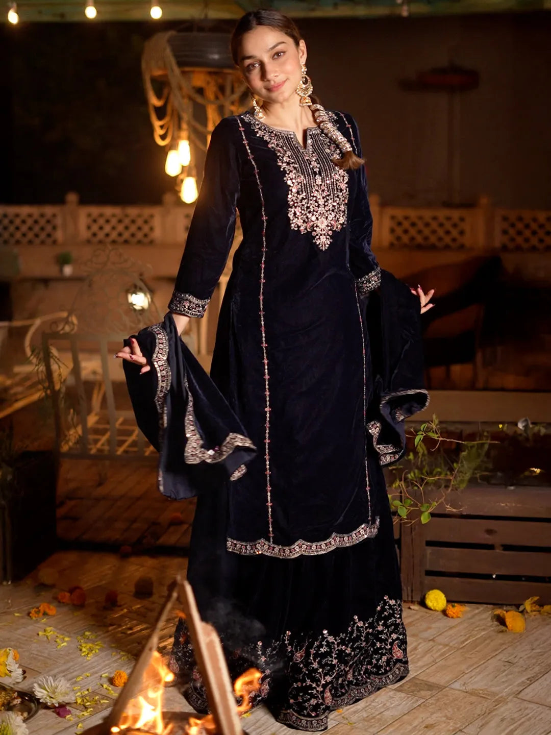 Anouk Blue Embroidered Velvet Straight Suit With Dupatta