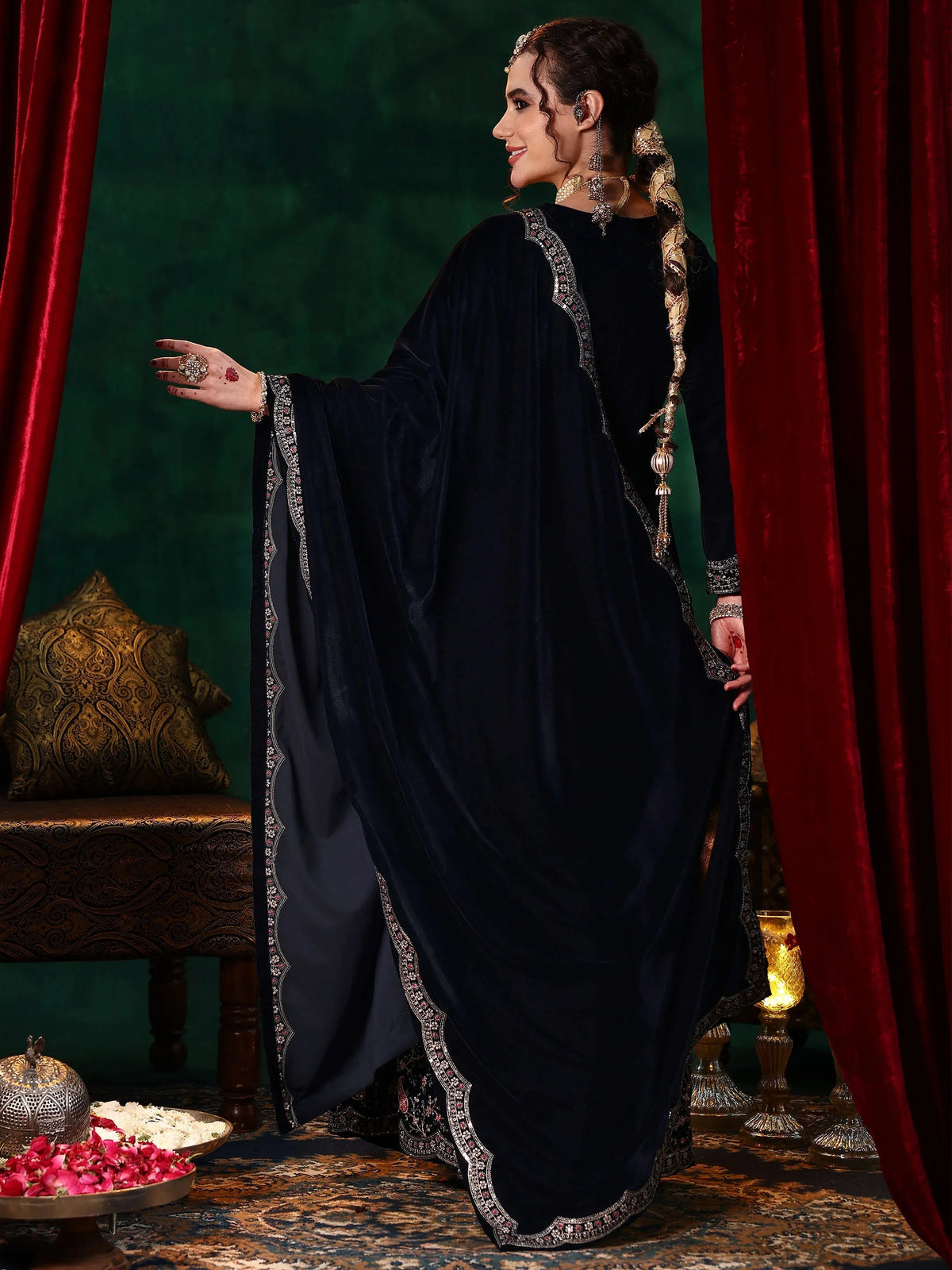 Anouk Blue Embroidered Velvet Straight Suit With Dupatta