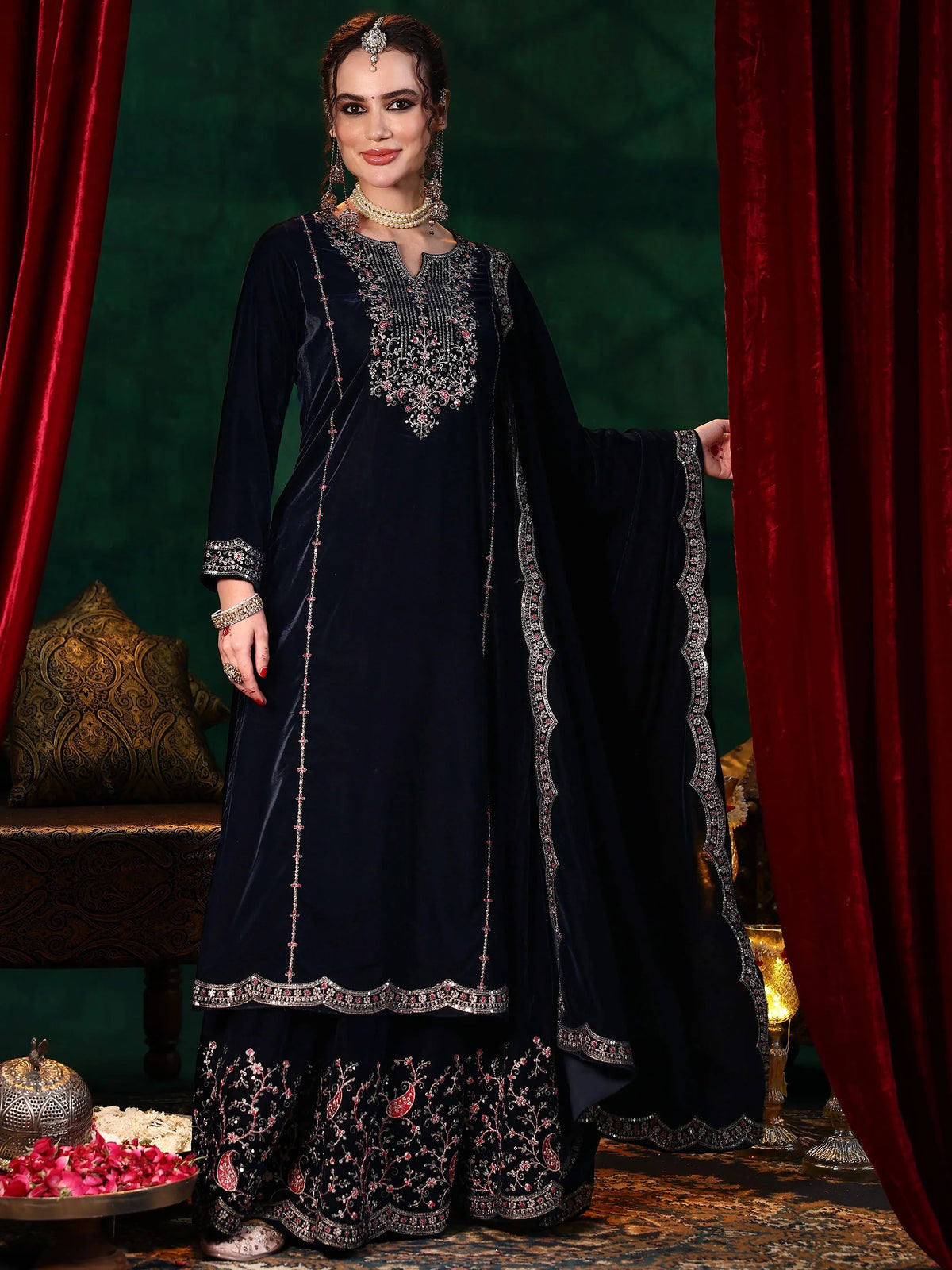 Anouk Blue Embroidered Velvet Straight Suit With Dupatta