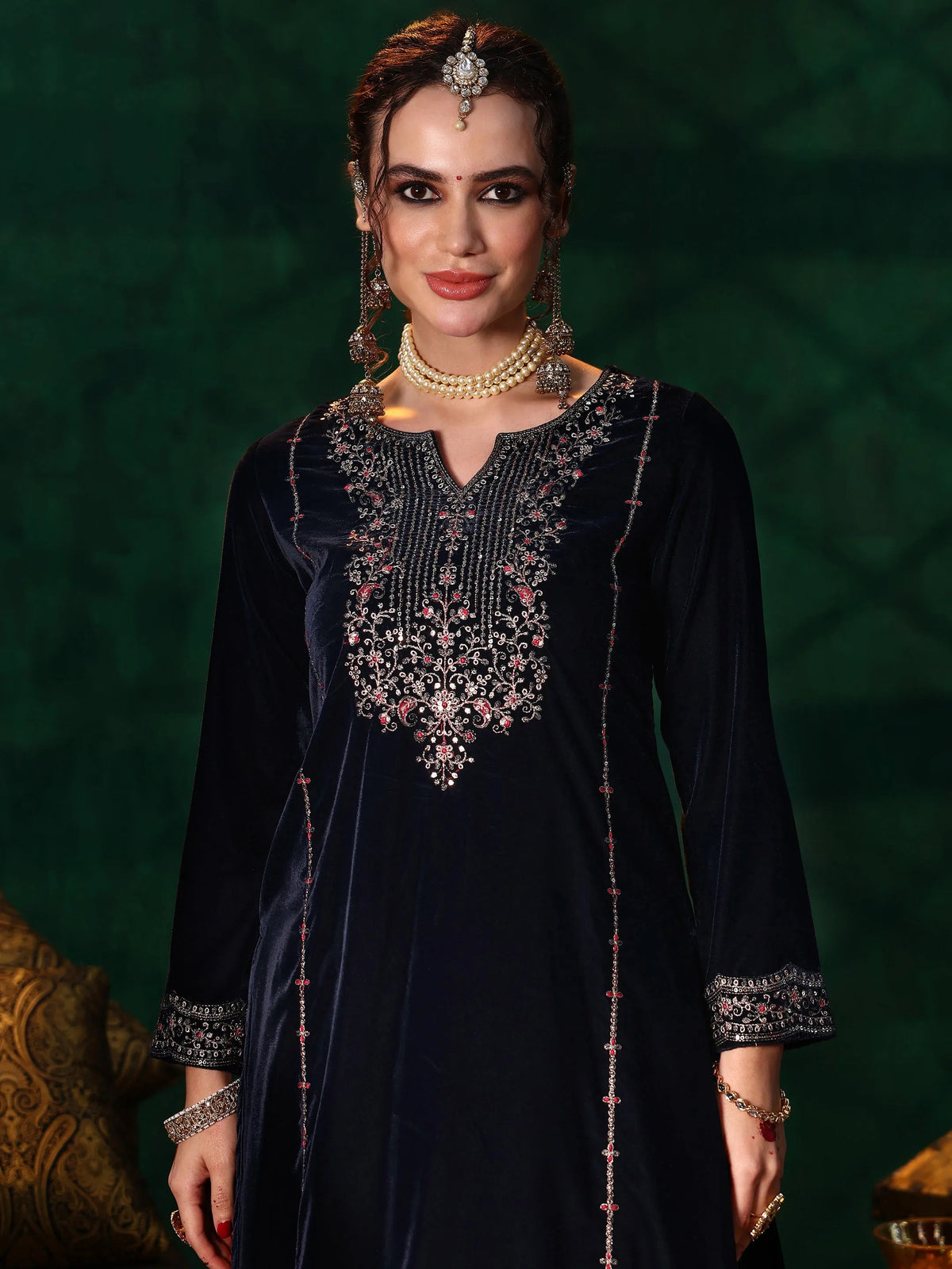 Anouk Blue Embroidered Velvet Straight Suit With Dupatta
