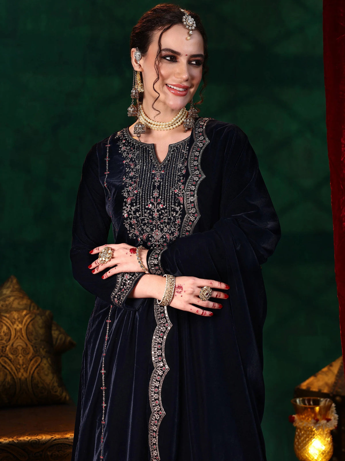 Anouk Blue Embroidered Velvet Straight Suit With Dupatta
