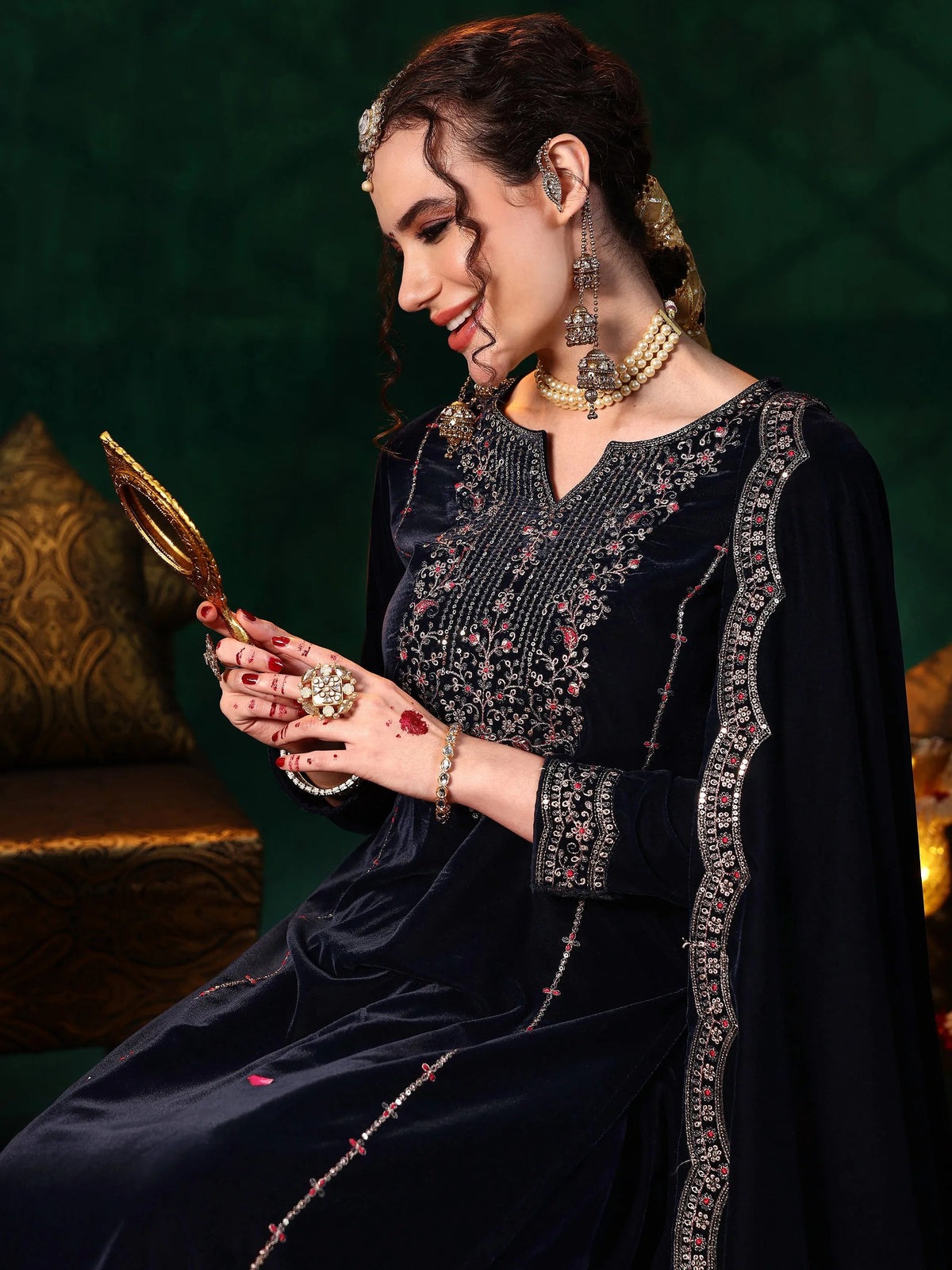Anouk Blue Embroidered Velvet Straight Suit With Dupatta
