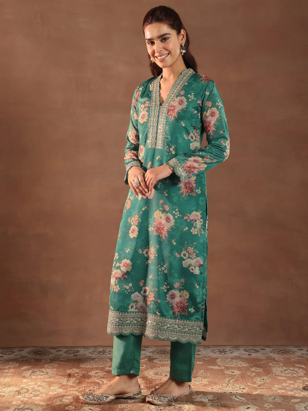 Anouk Green Printed Silk Blend Straight Suit With Dupatta