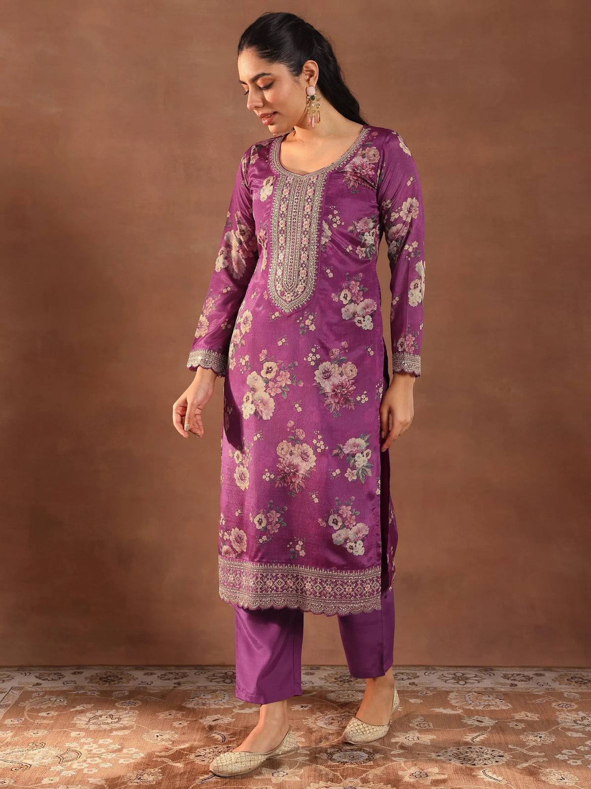 Anouk Burgundy Printed Silk Blend Straight Suit With Dupatta
