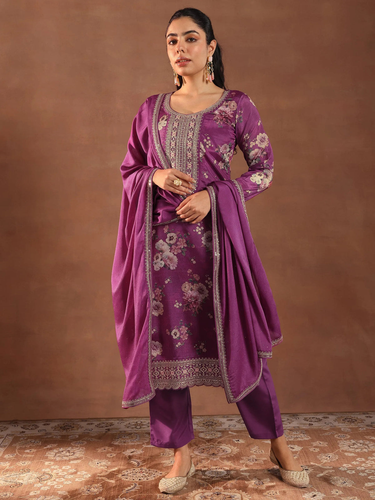 Anouk Burgundy Printed Silk Blend Straight Suit With Dupatta