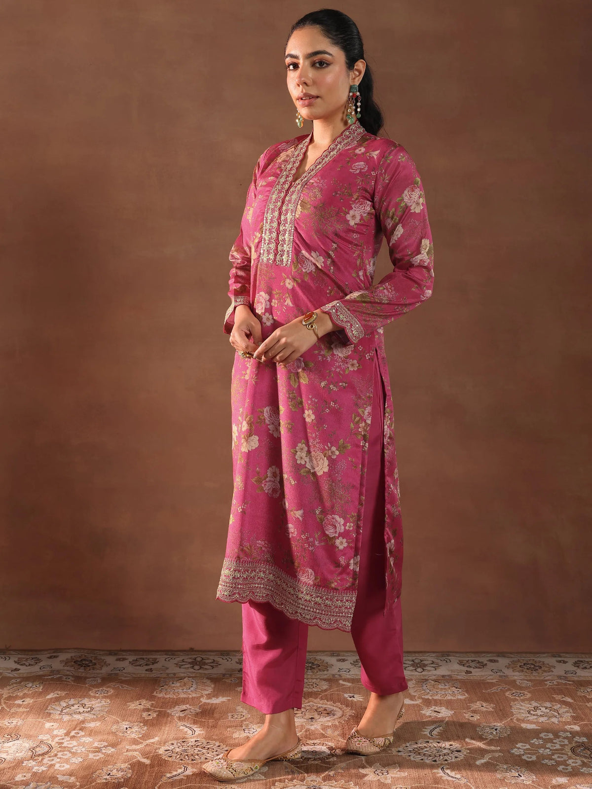 Anouk Pink Printed Silk Blend Straight Suit With Dupatta