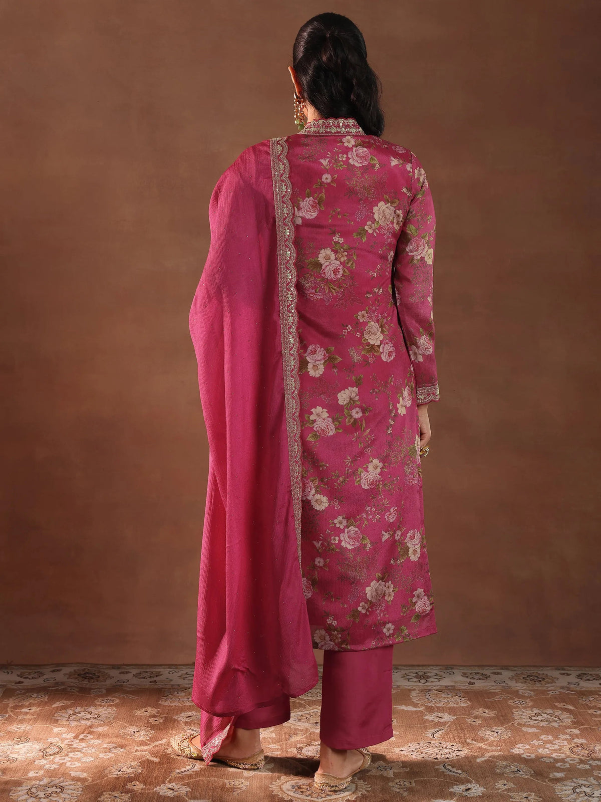 Anouk Pink Printed Silk Blend Straight Suit With Dupatta