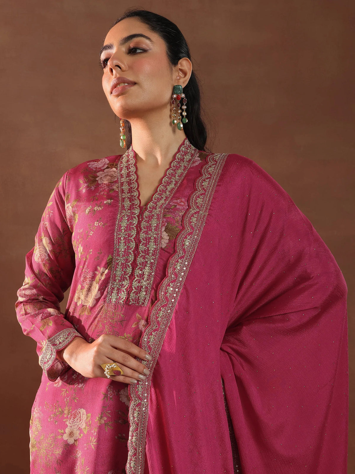Anouk Pink Printed Silk Blend Straight Suit With Dupatta