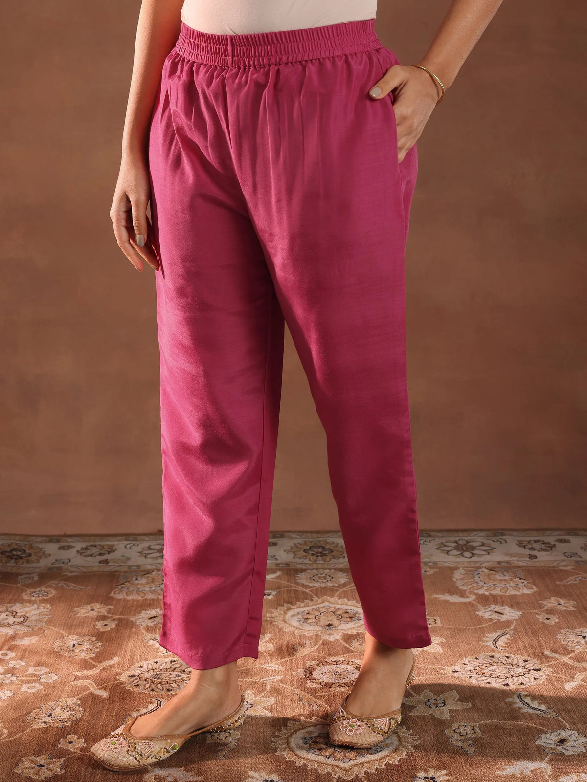 Anouk Pink Printed Silk Blend Straight Suit With Dupatta