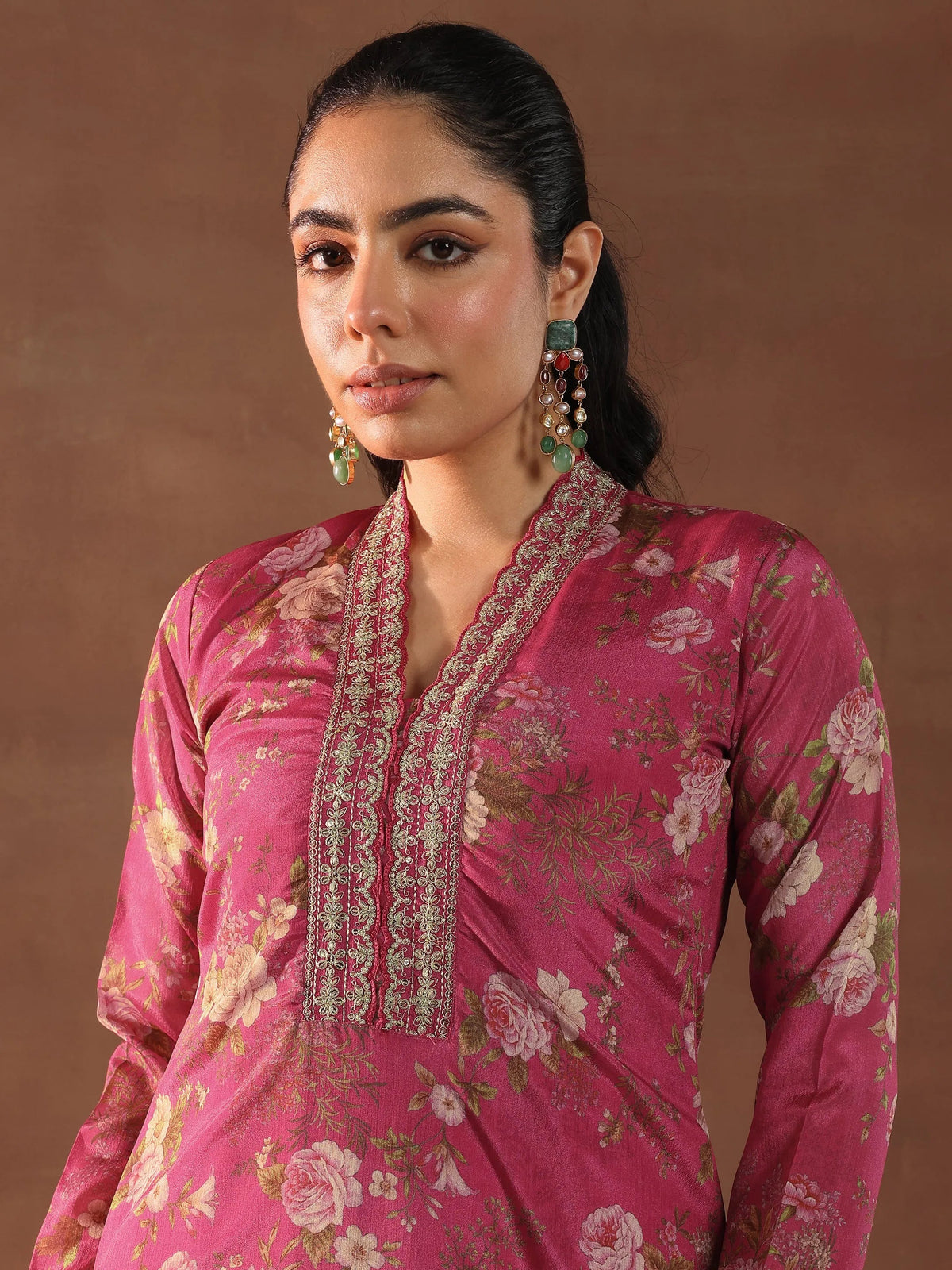 Anouk Pink Printed Silk Blend Straight Suit With Dupatta